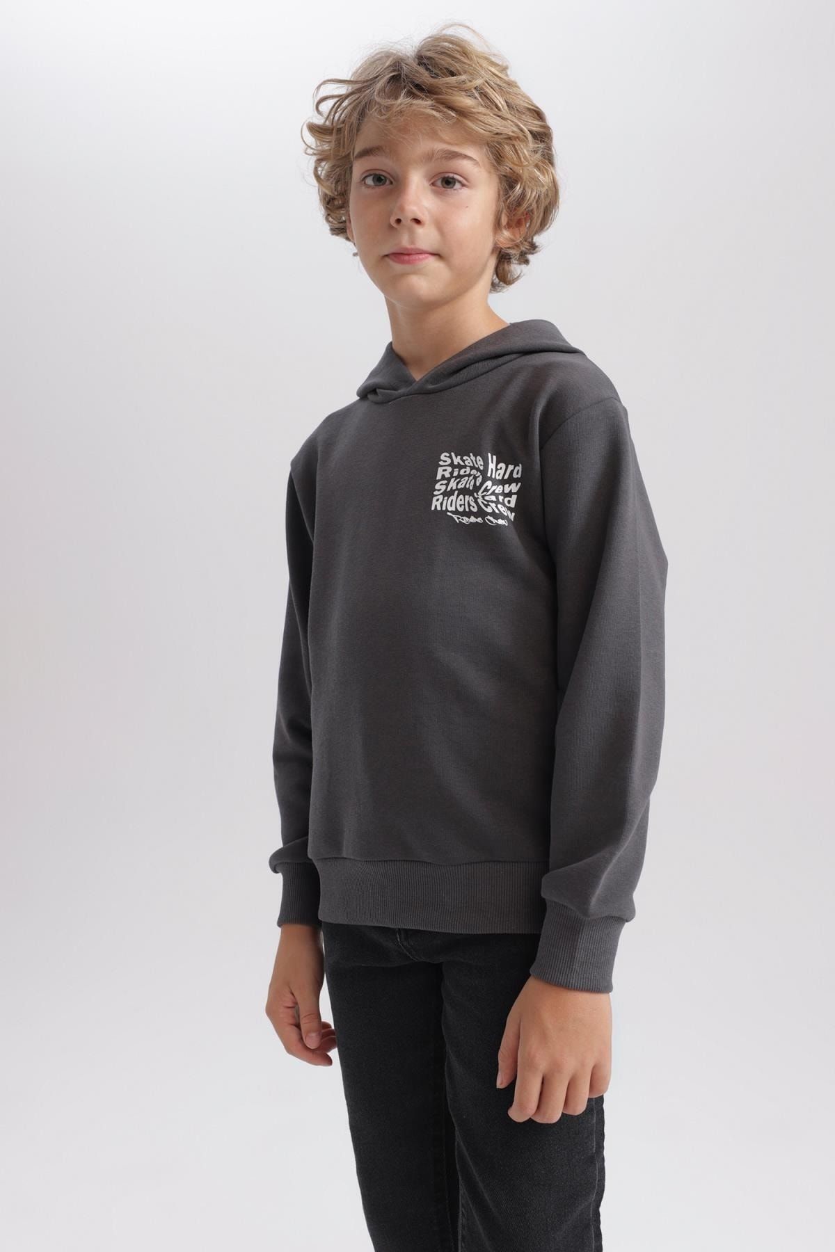 DEFACTO Boy's Hooded Printed Sweatshirt