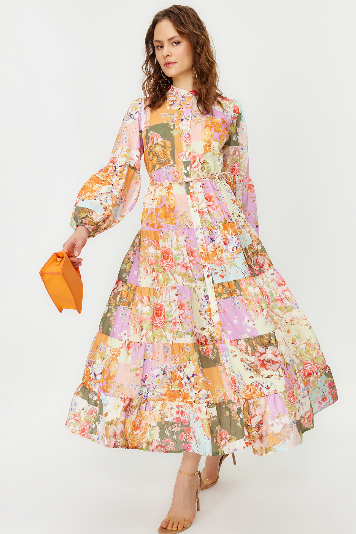 Trendyol Multicolored Floral Patterned Linen Look Woven Dress with Belt Detail