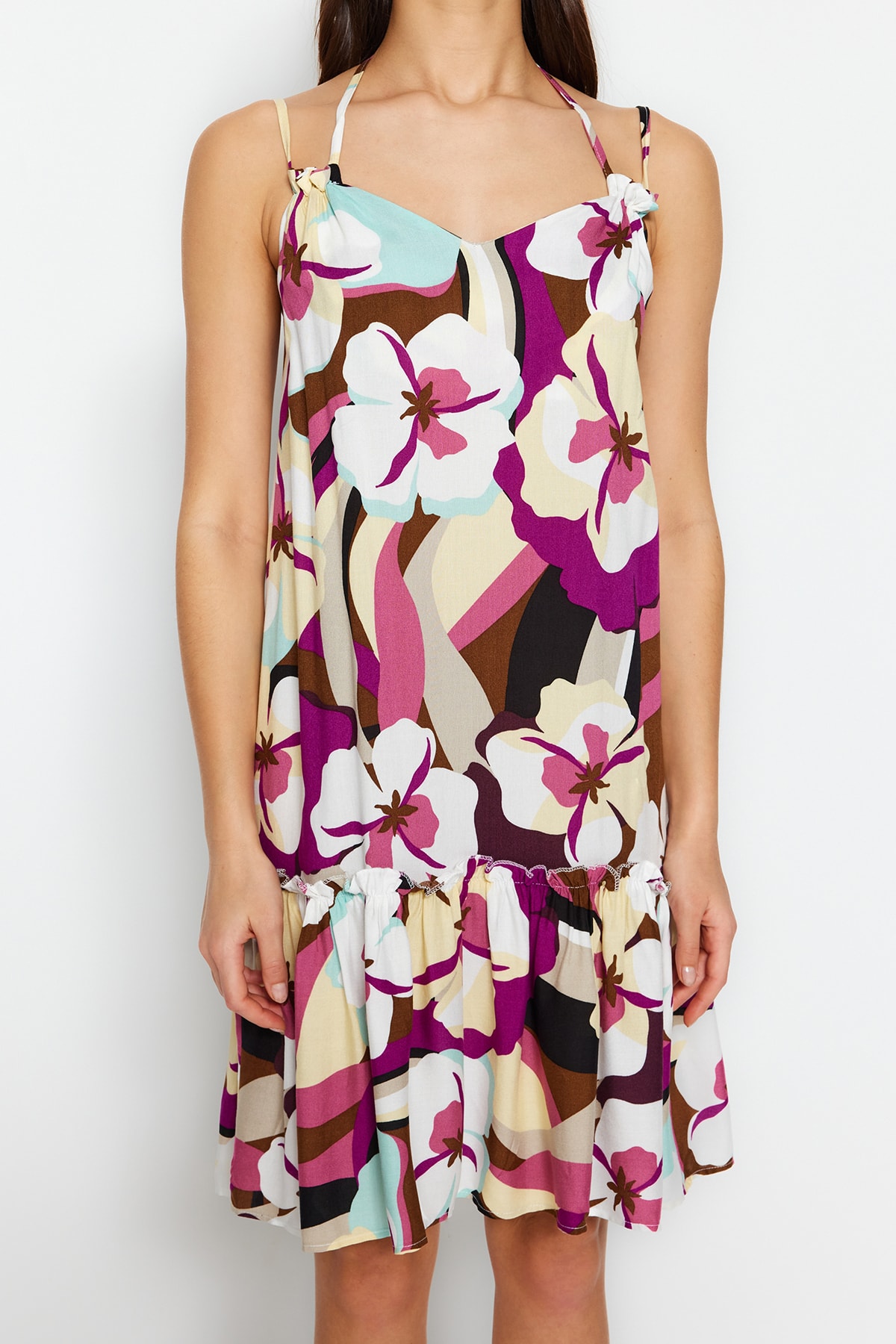 Trendyol roz larg tăiat mini țesut model țesut rochie țesută