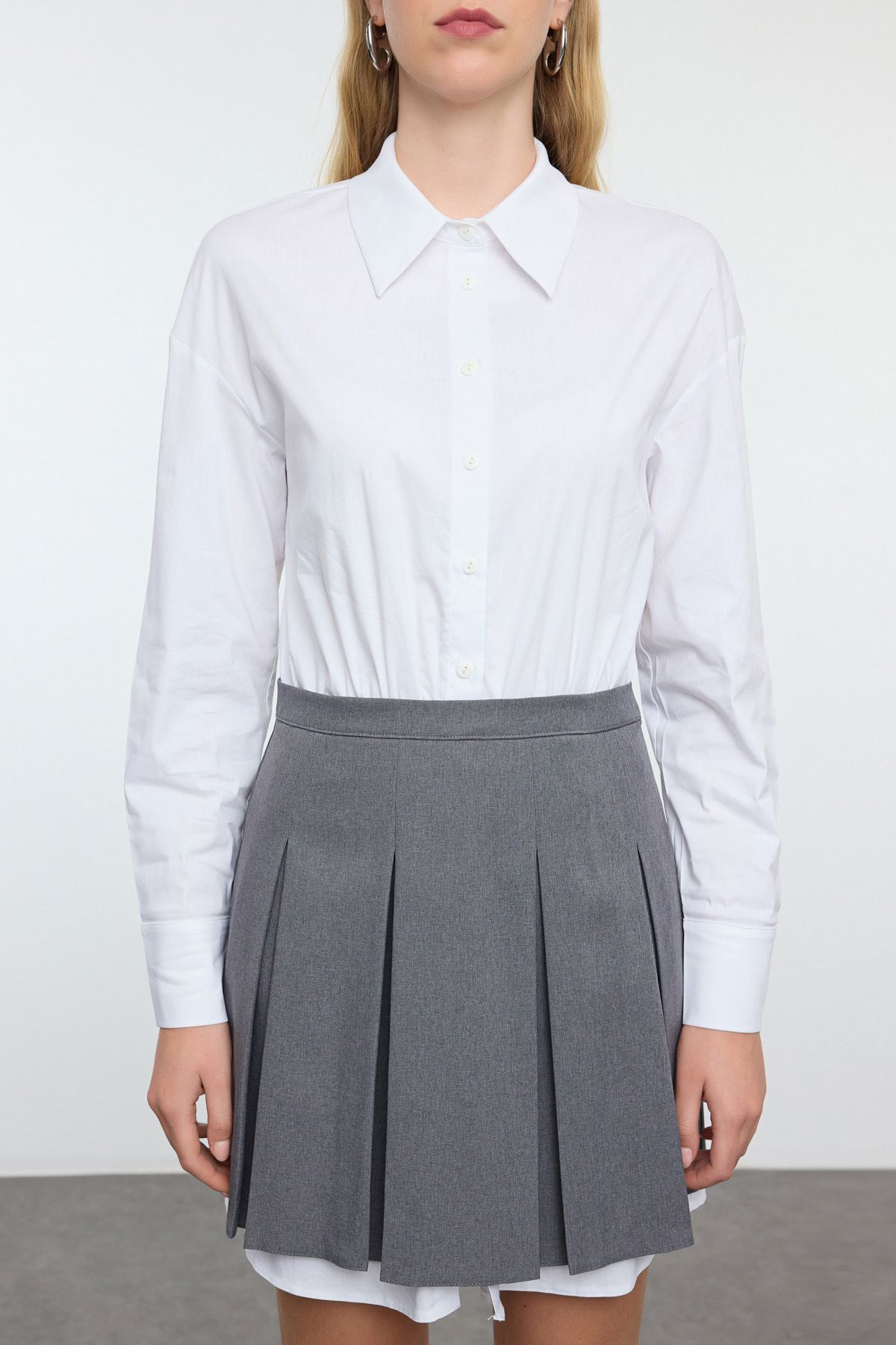 Trendyol Gray Pleated Skirt Detailed Skater/Beldan Opening Mini Woven Shirt Dress