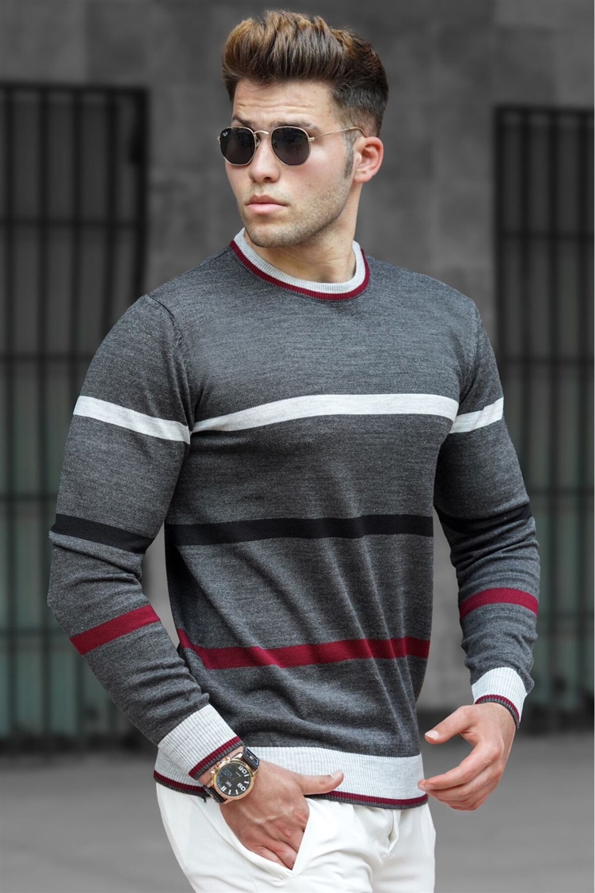Madmext Anthracite Striped Knitwear Sweater 5171