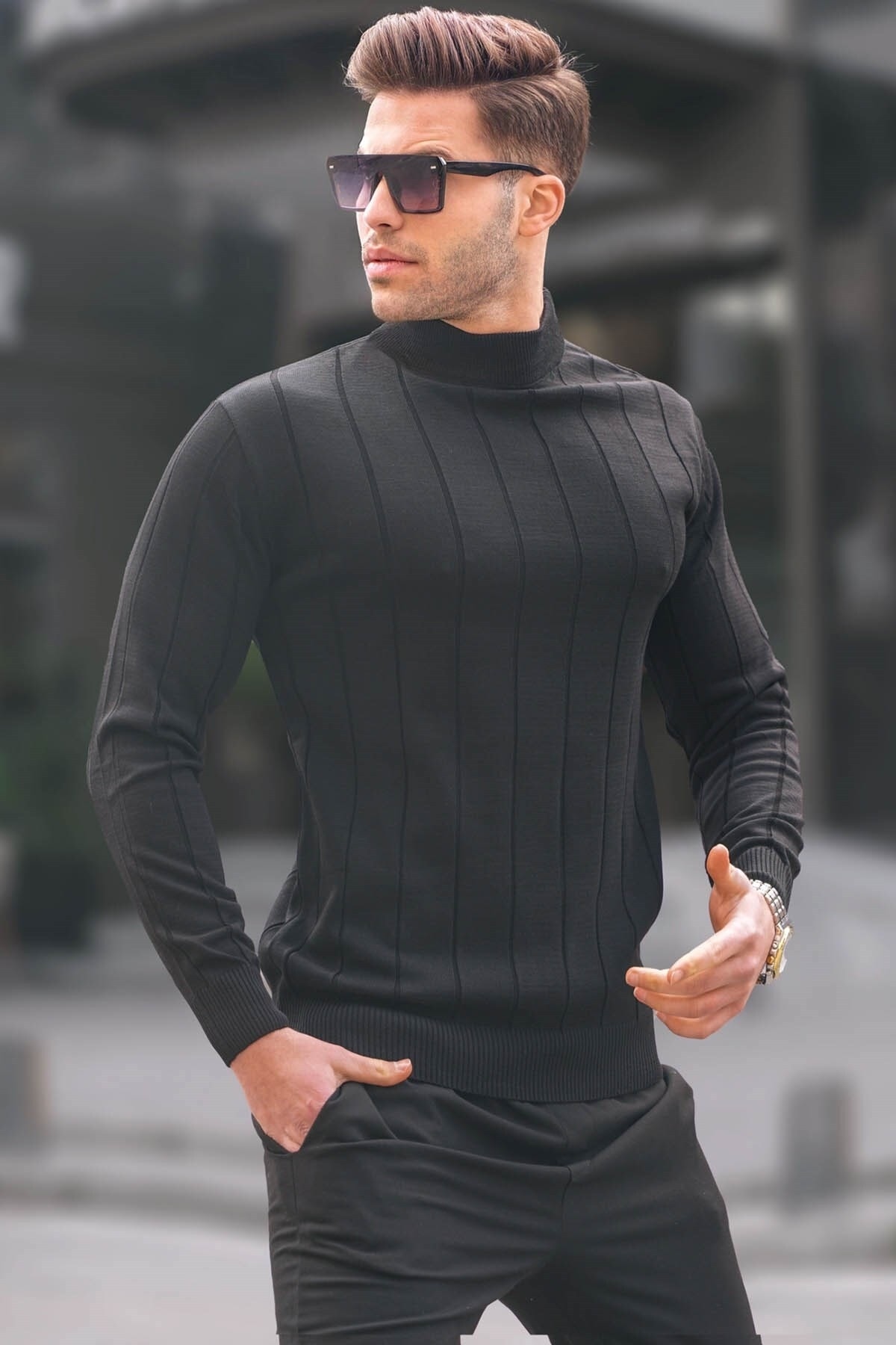 Levně Madmext Black Slim Fit Half Turtleneck Striped Anti-Pilling Men's Knitwear Sweater 6344