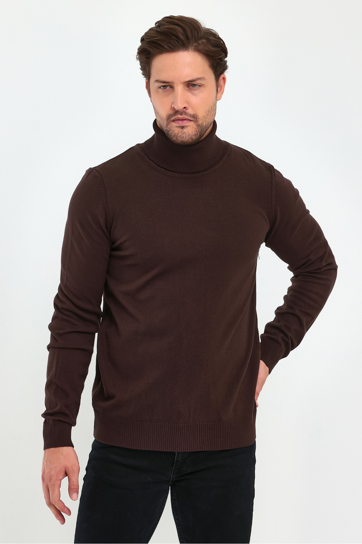 Levně Lafaba Men's Brown Turtleneck Basic Knitwear Sweater