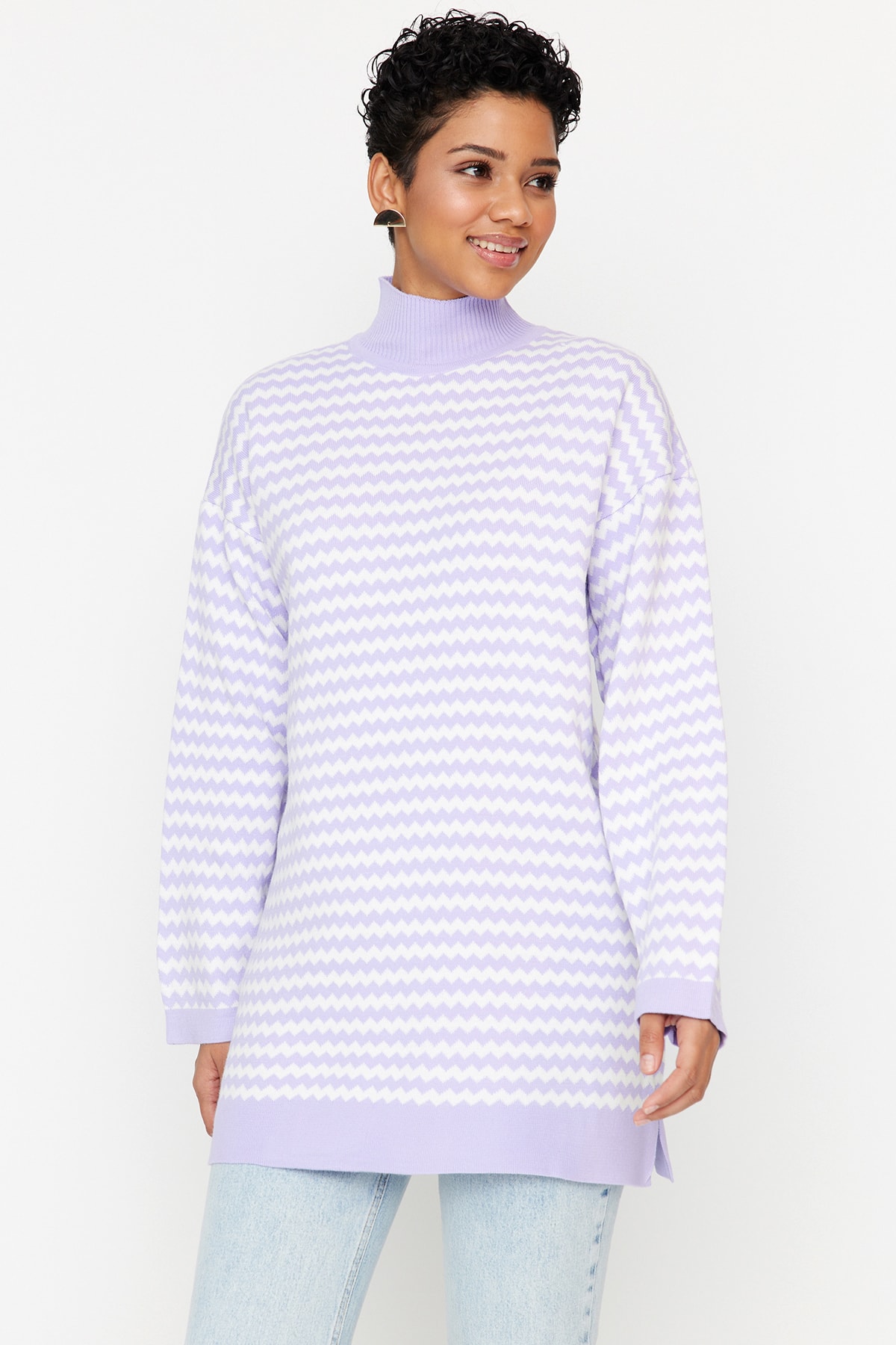 Trendyol Lilac Half Turtleneck Striped Knitwear Sweater