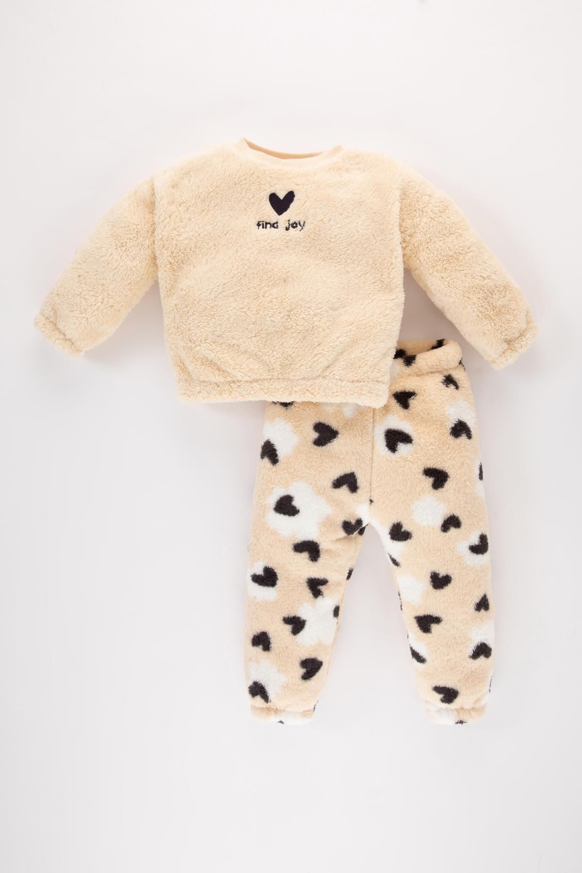 DEFACTO Baby Girl Heart Patterned Plush Sweatshirt Tracksuit Bottom 2-Piece Set