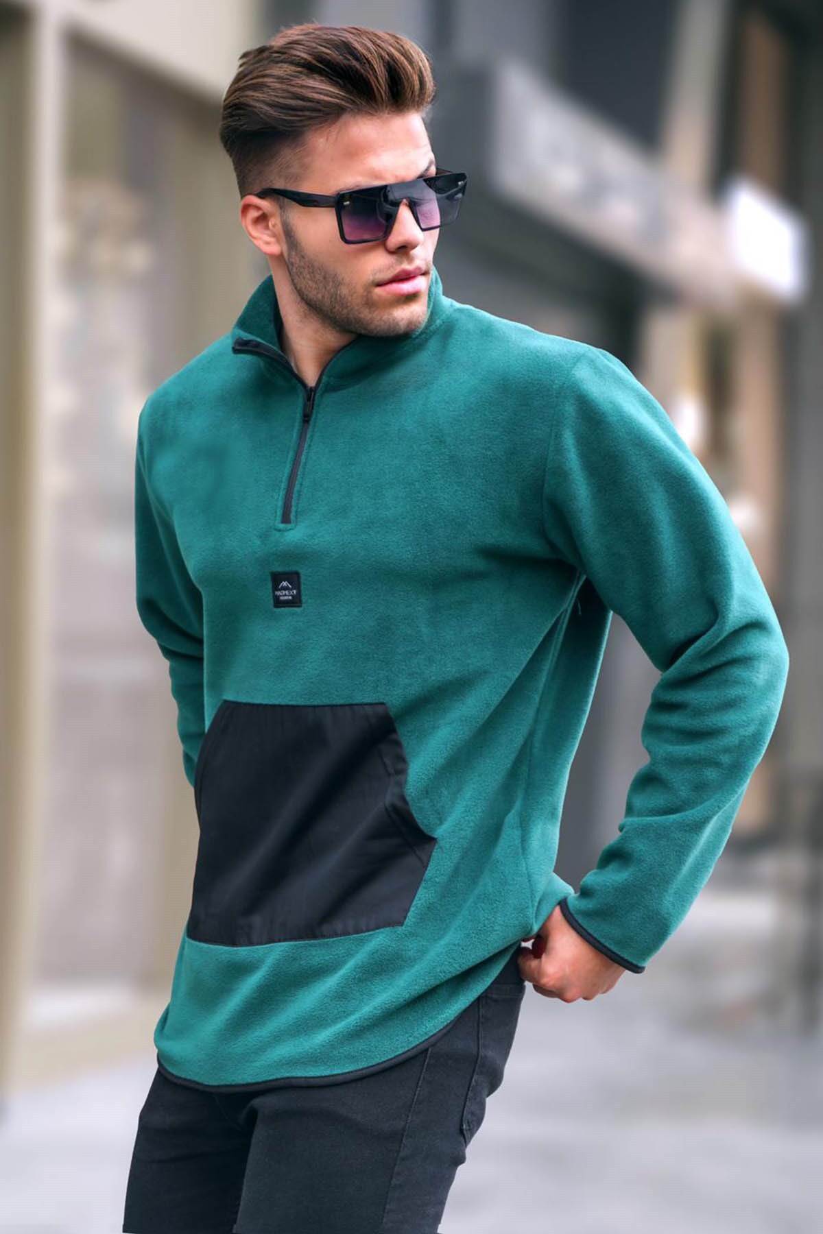 Levně Madmext Men's Green Bato Collar Kangaroo Pocket Cold Proof Fleece Sweatshirt 6018