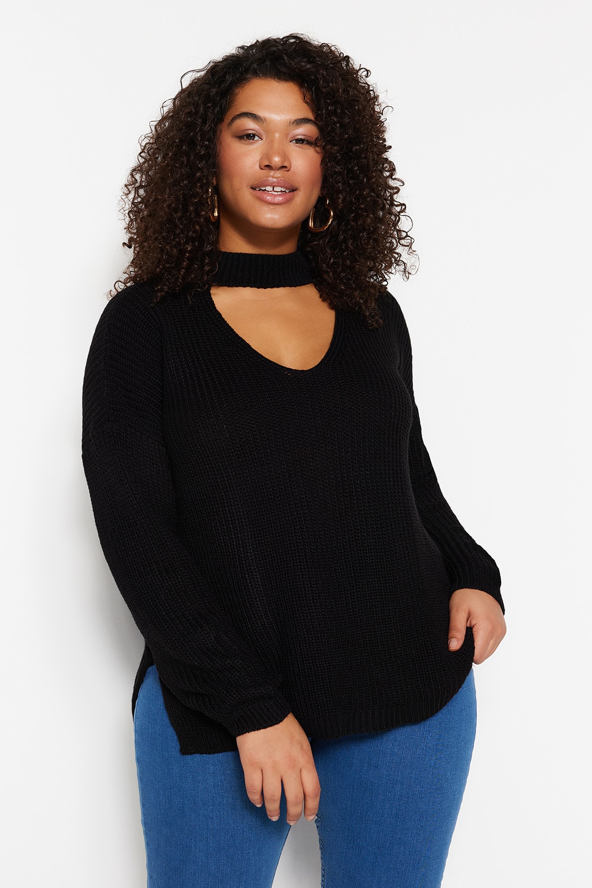 Trendyol Curve Black Collar Detailed Knitwear Sweater