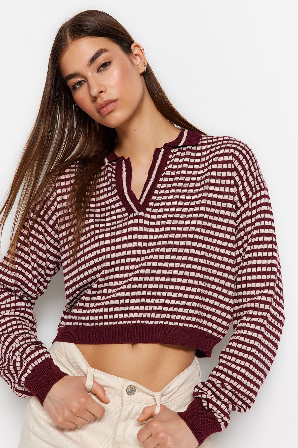 Trendyol Claret Red Crop Knitwear Sweater