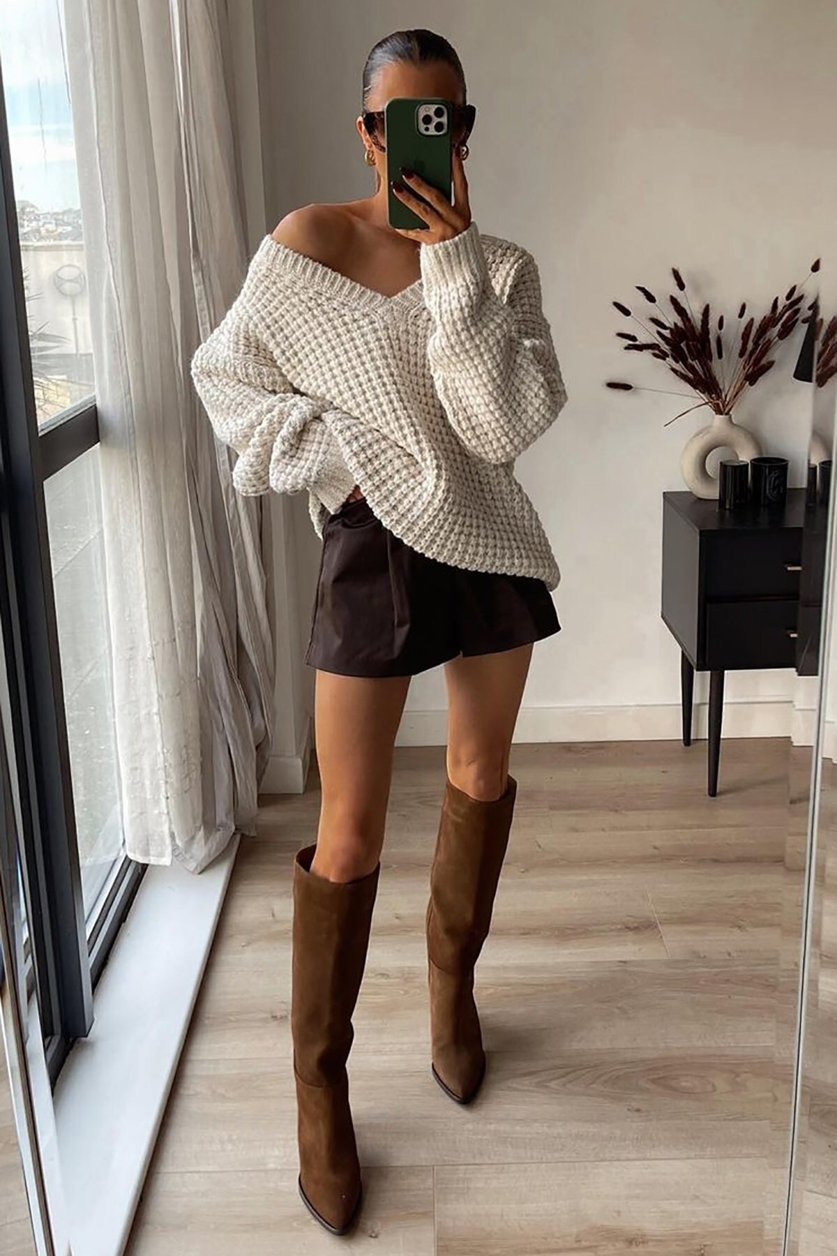 Madmext Ecru Oversized V-Neck Knitwear Sweater