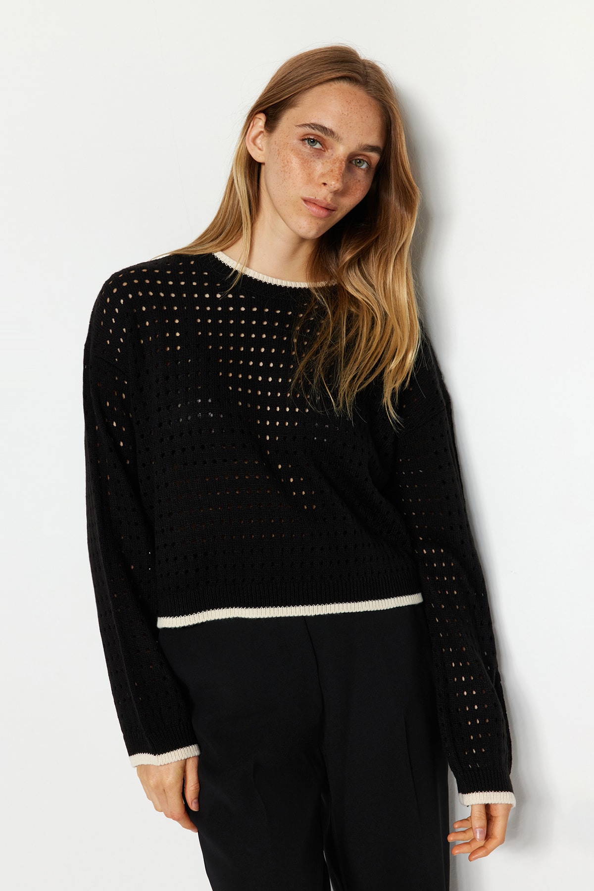 Trendyol Black Openwork/Perforated Knitwear Sweater