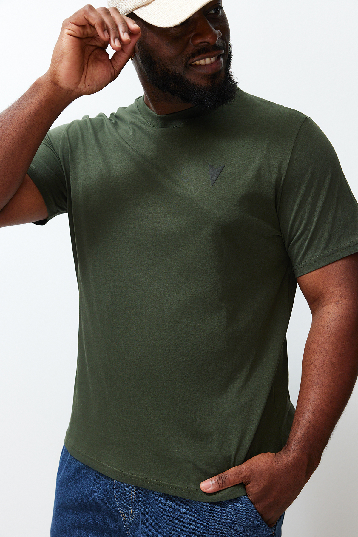 Levně Trendyol Plus Size Khaki Regular/Normal Fit Printed 100% Cotton T-shirt