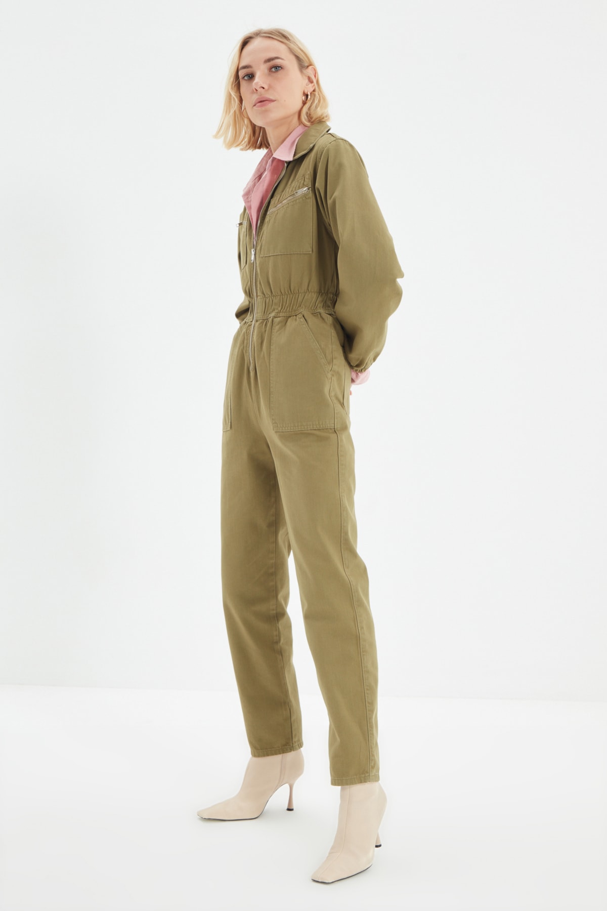 Trendyol Khaki Zipper Detailed Denim Overalls