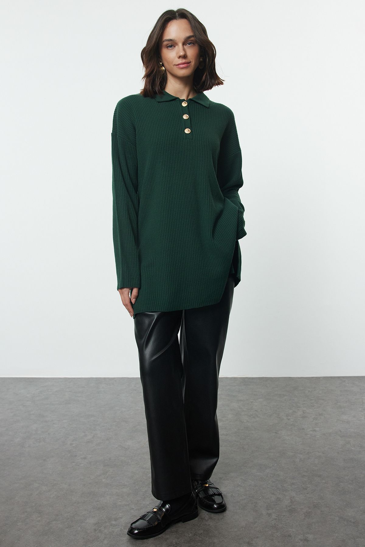 Trendyol Emerald Green Ribbed Knit Sweater