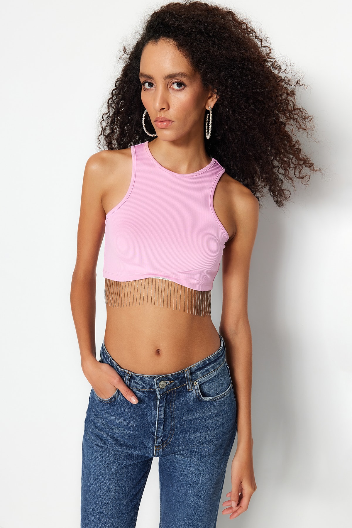 Trendyol Pink Crop Knitted Accessorized Blouse