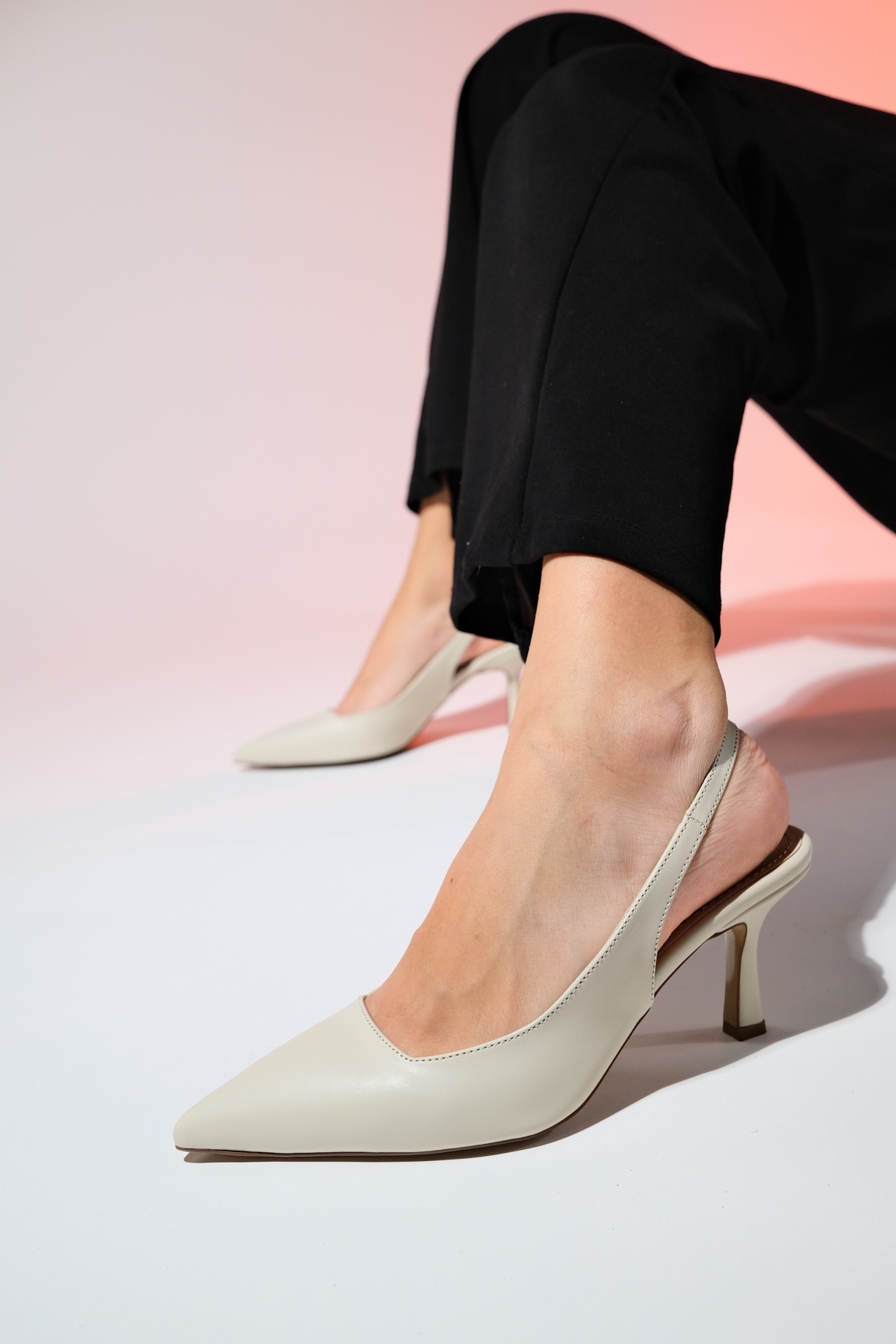 Levně LuviShoes FLEM Women's Ecru Skin Pointed Toe Open Back Thin Heel Shoes