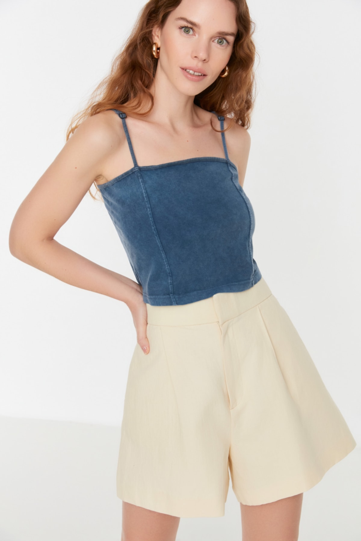 Trendyol Indigo Super Crop Wash Knitted Blouse