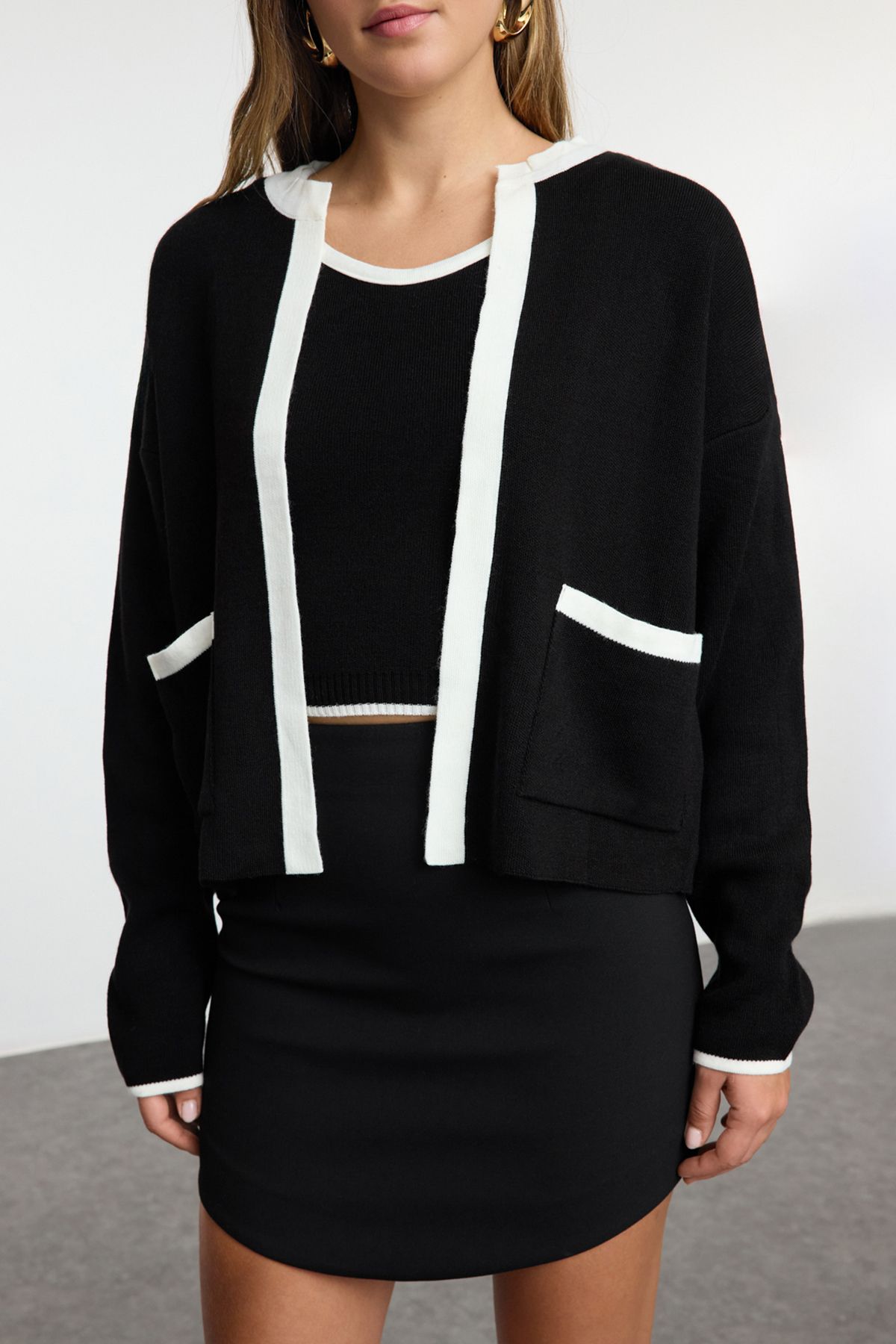 Trendyol Black Color Block Knitted Cardigan