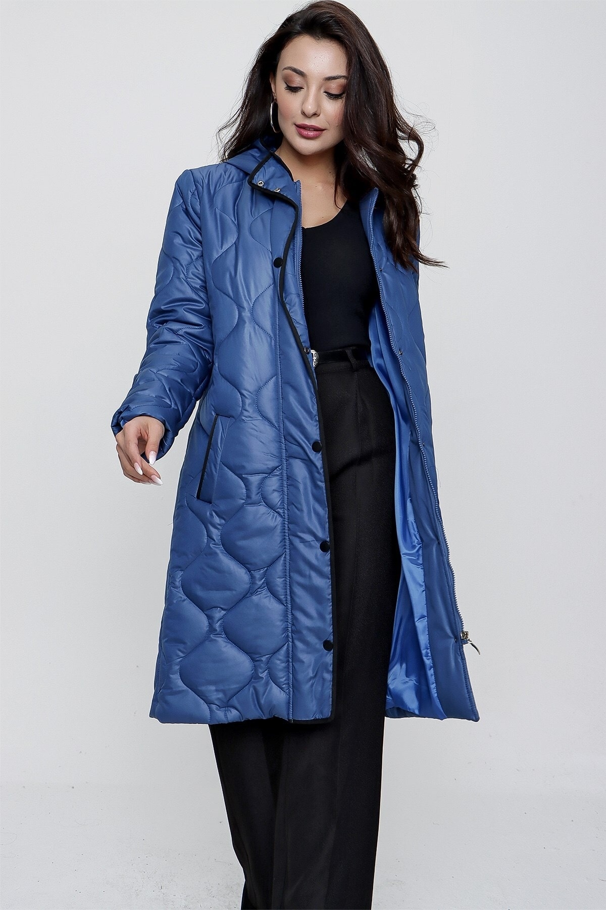 Levně By Saygı Modrý kapesní kabát s kapucí s vnitřní podšívkou