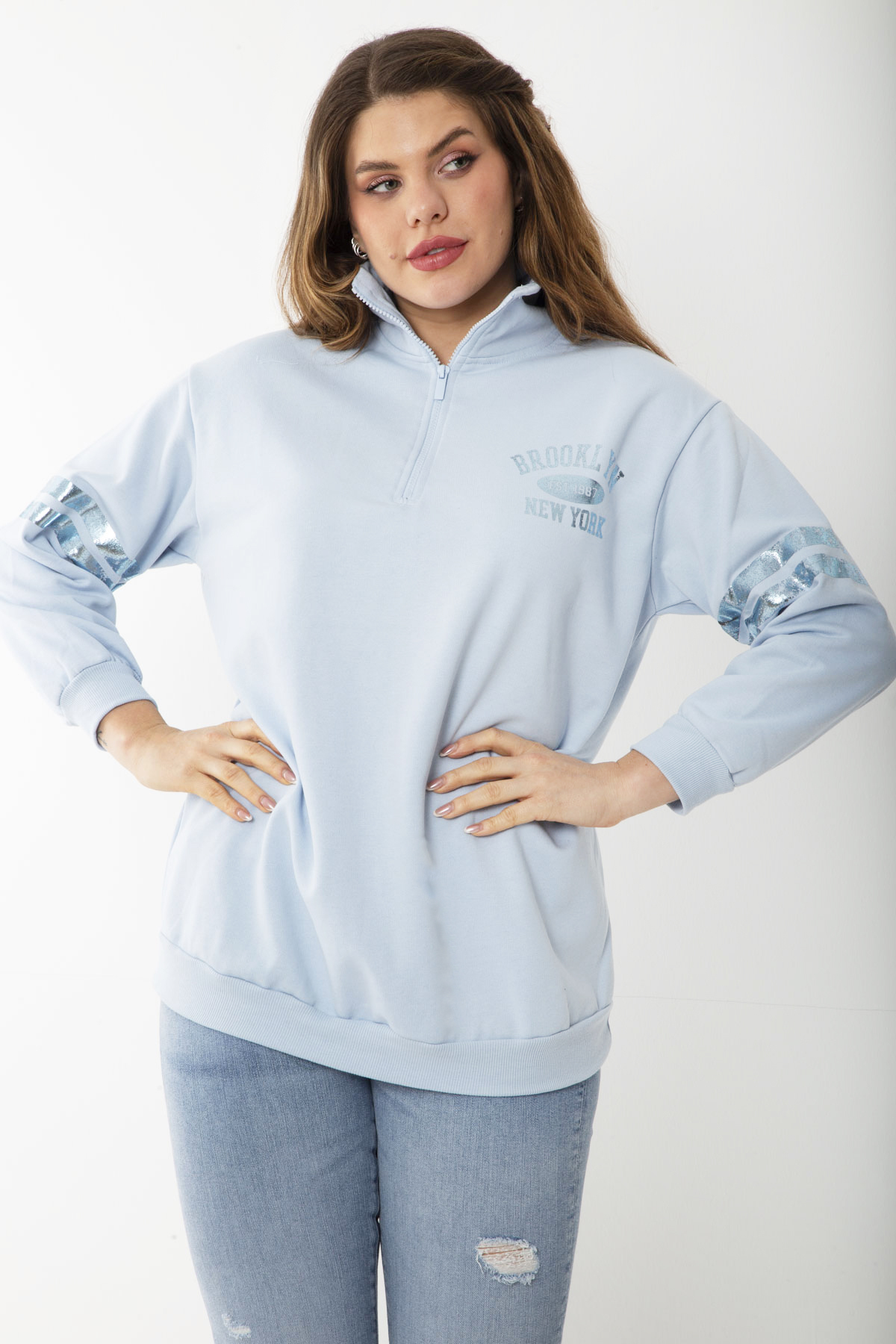 Levně Şans Women's Large Size Blue Patchwork Zippered Lacquer Printed Two Thread Sweatshirt