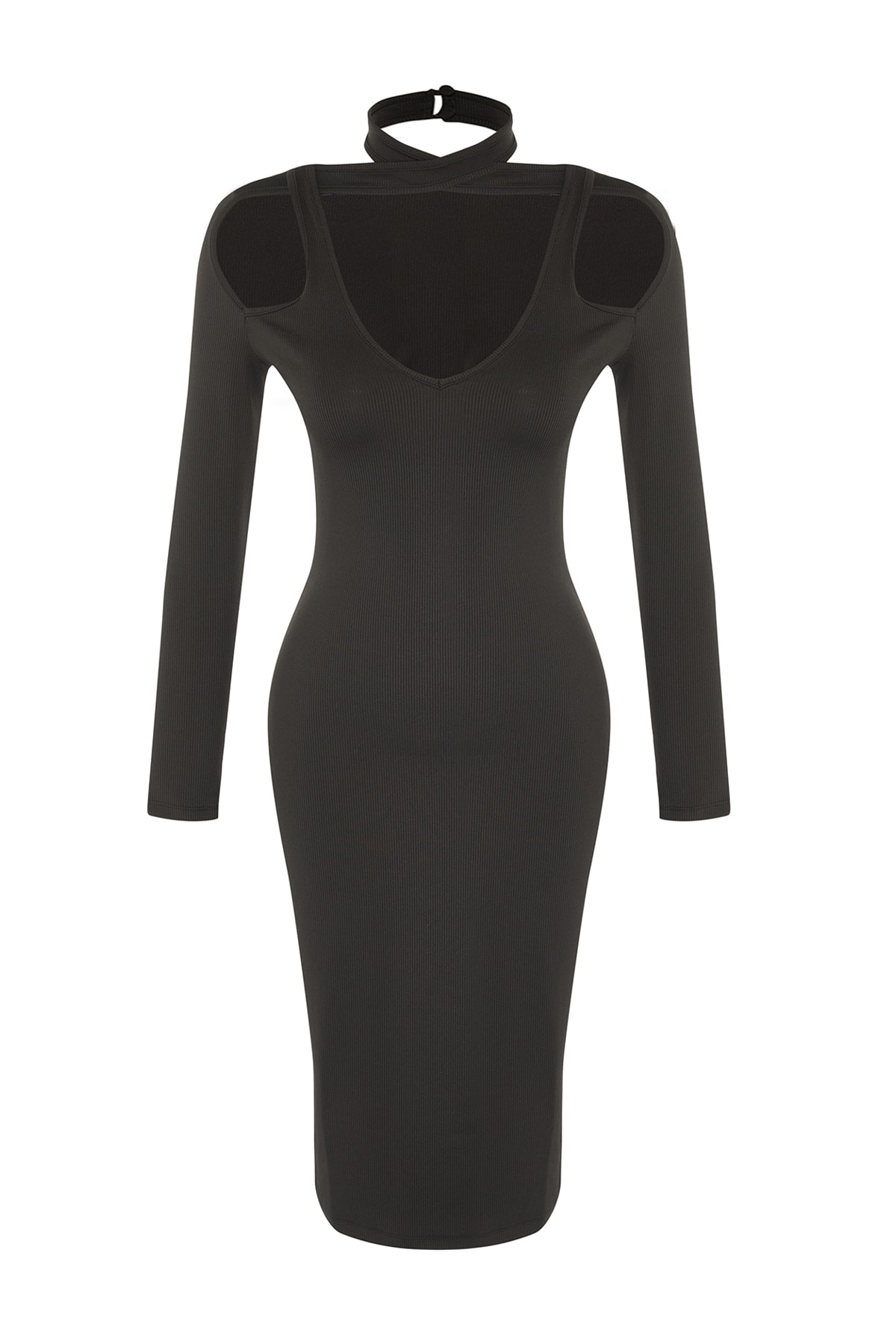 Trendyol Black Asymmetrical Collar Detailed Knitted Evening Dress