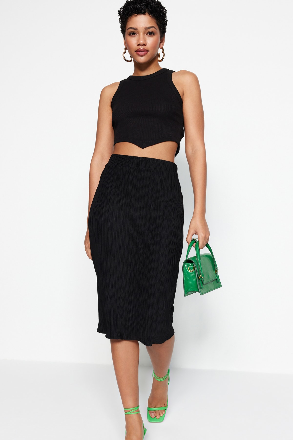 Trendyol Black Pleated Normal Waist Midi Knitted Pencil Skirt