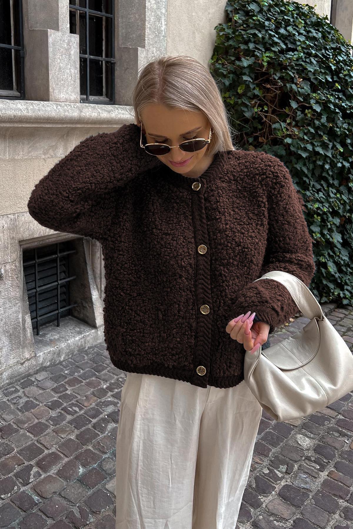 Madmext Brown Buttoned Boucle Knitwear Cardigan