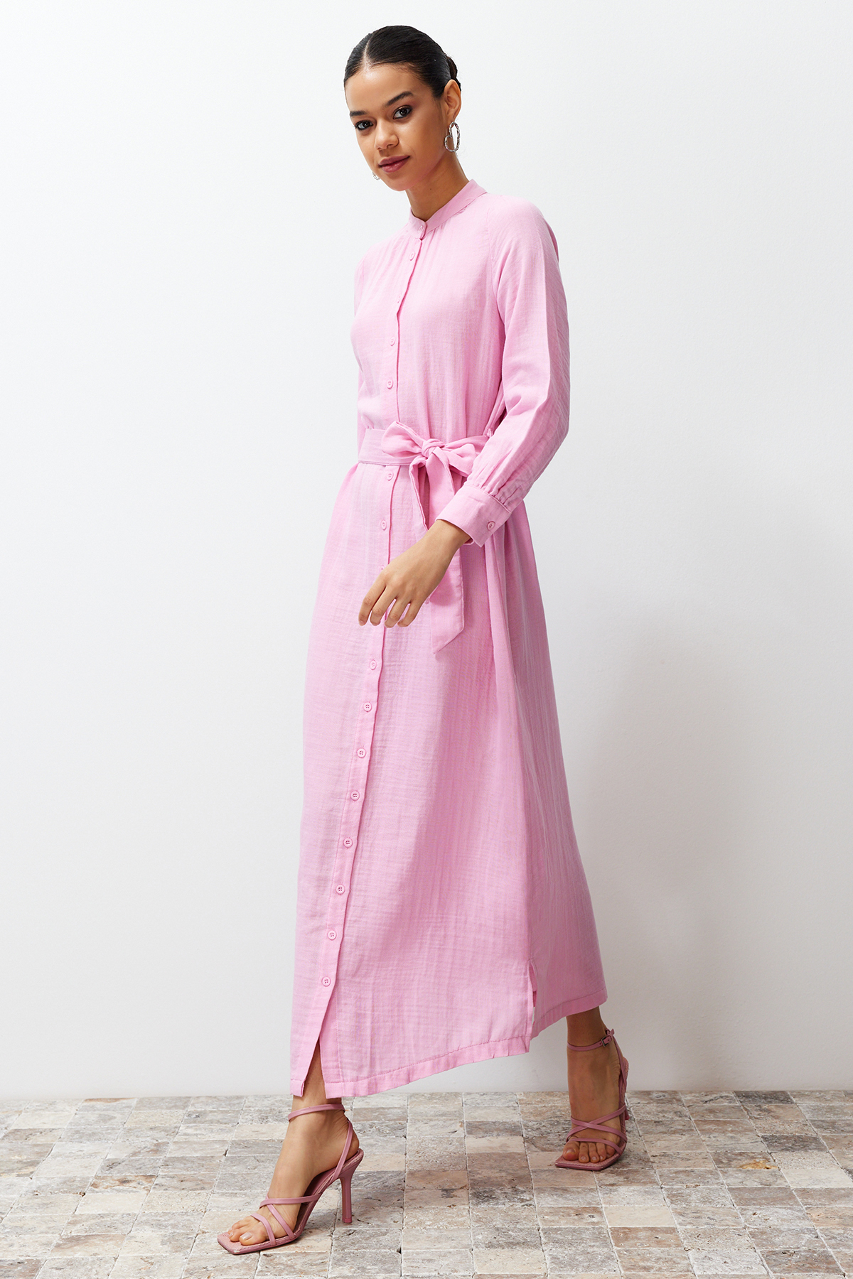 Trendyol Pink Judge Collar Belted Buttoned Woven Shirt Dress