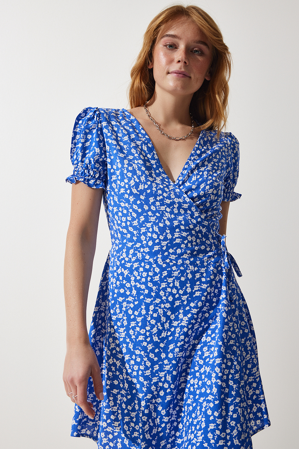 Happiness İstanbul Women's Blue Patterned Viscose Woven Dress