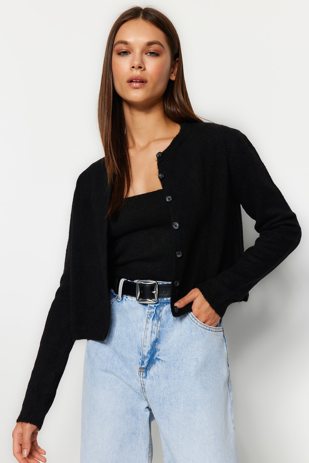 Levně Trendyol Black Crop Soft Textured Blouse- Cardigan Knitwear Suit Knitwear Cardigan