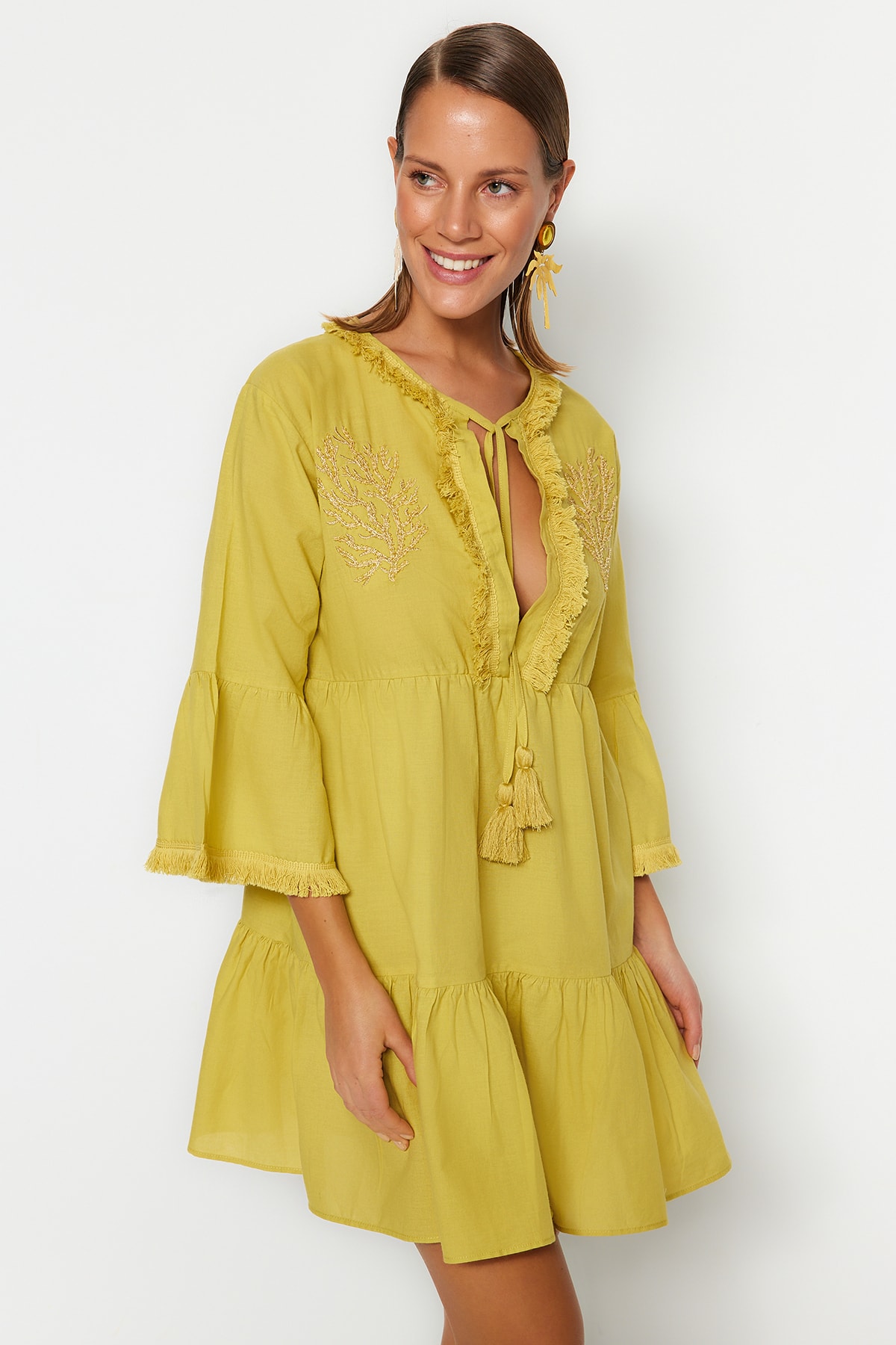 Trendyol Oil Green Mini Broderie țesută 100% rochie de plajă din bumbac