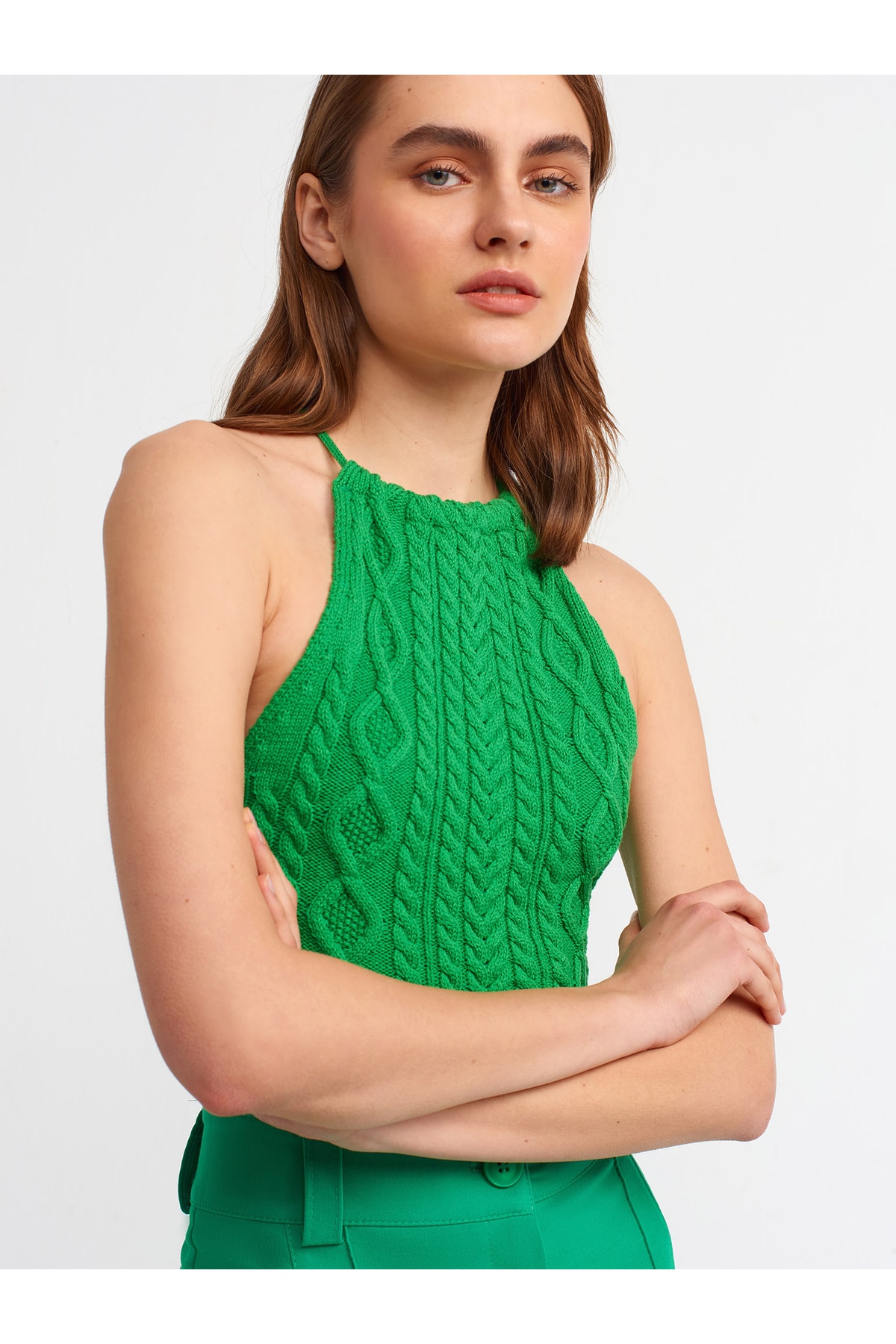 Dilvin 10152 Laced Back Neck Knitwear Singlet-green