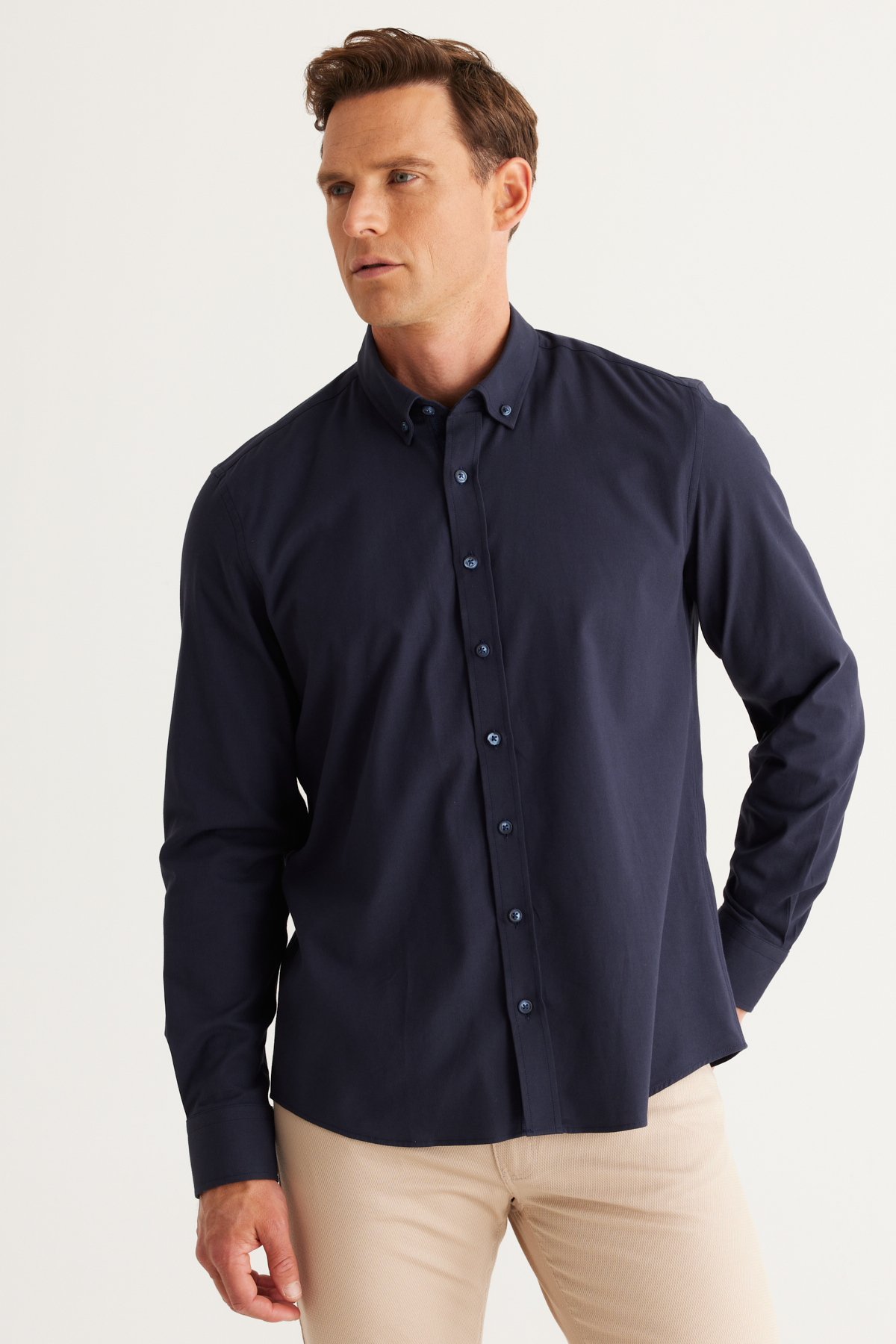 Levně ALTINYILDIZ CLASSICS Men's Navy Blue Slim Fit Slim Fit Button-down Collar Cotton Gabardine Shirt