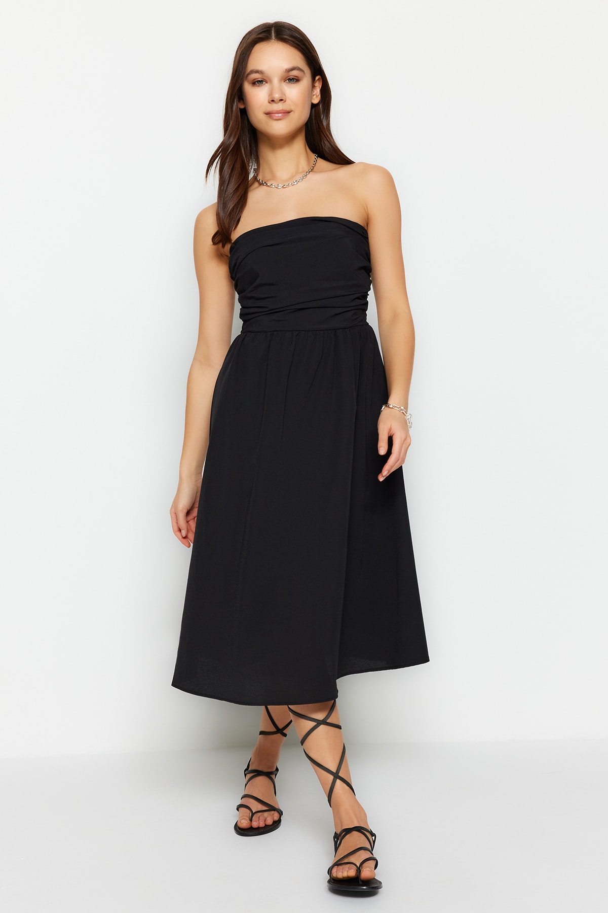 Trendyol Black A-Cut Ribbed Detailed Poplin Woven Dress