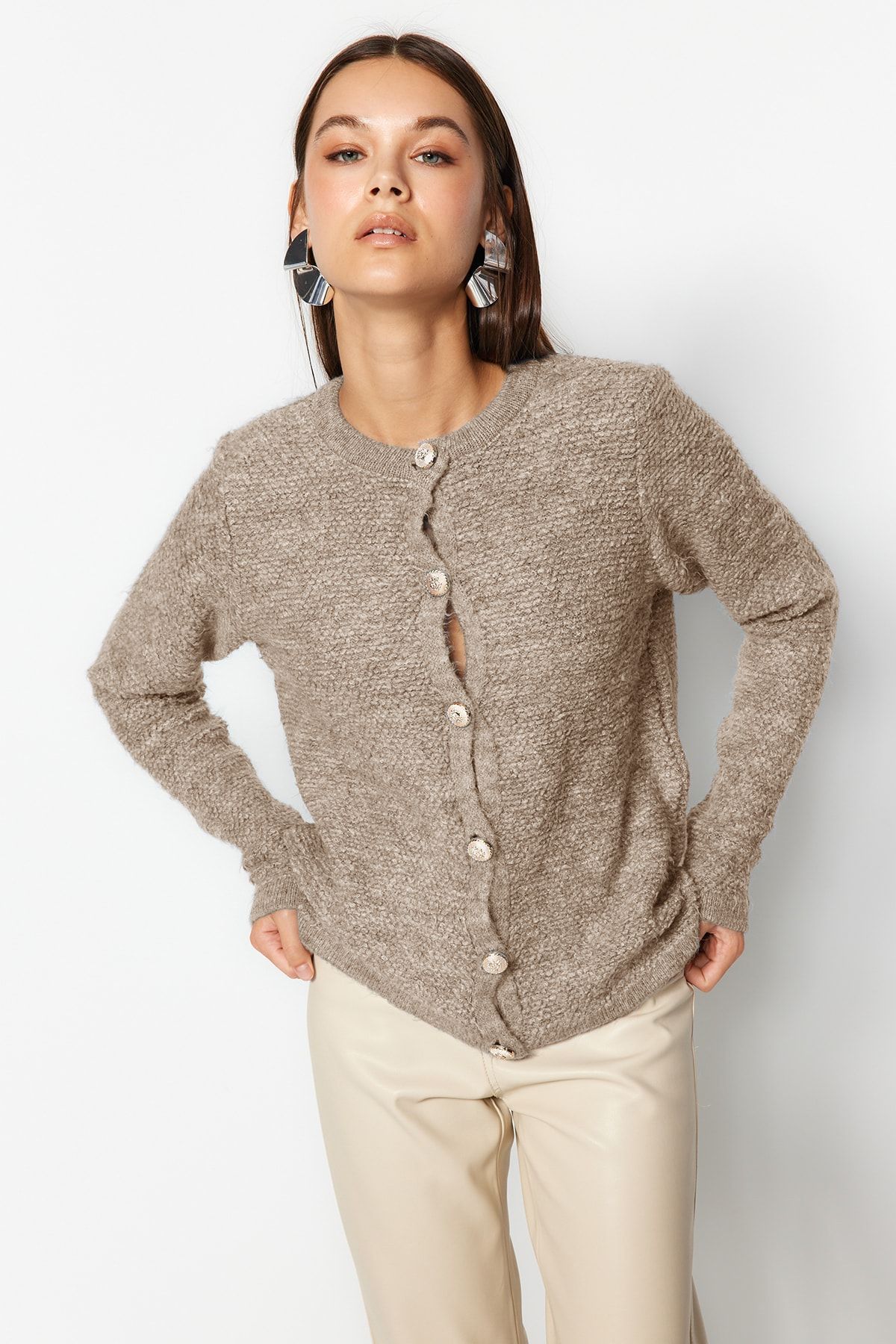 Trendyol Beige Soft Textured Knitwear Cardigan with Accessories