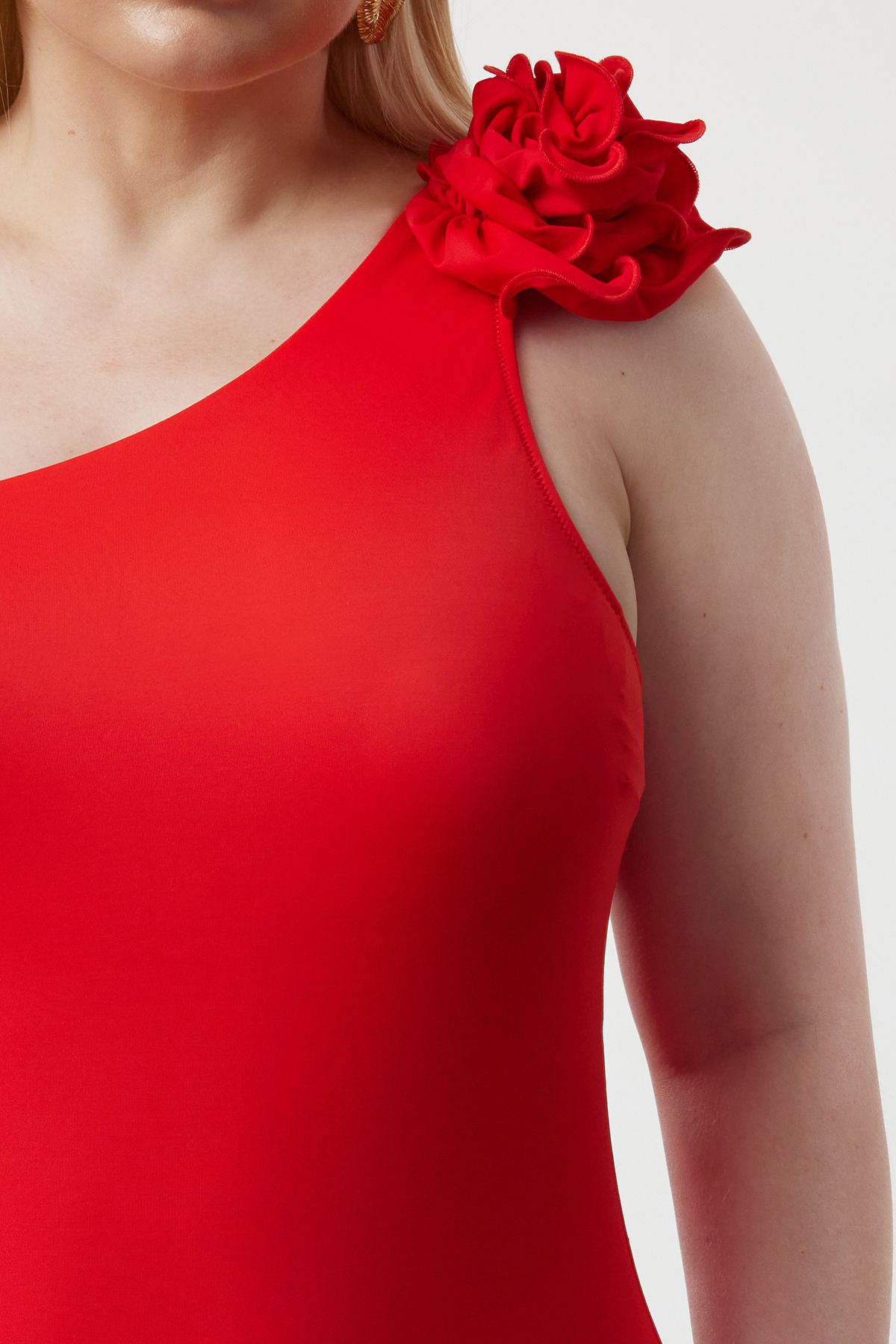 Trendyol Curve Red One Shoulder Floral Appliqued Swimsuit