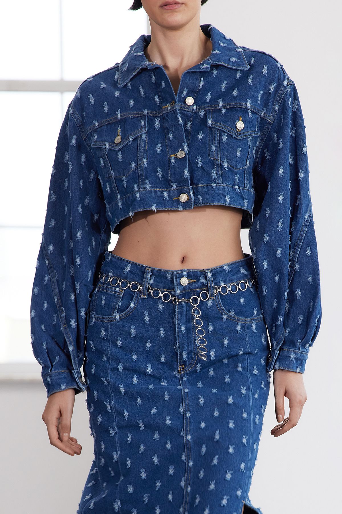 Trendyol Limited Edition Blue Textured Crop Denim Jacket