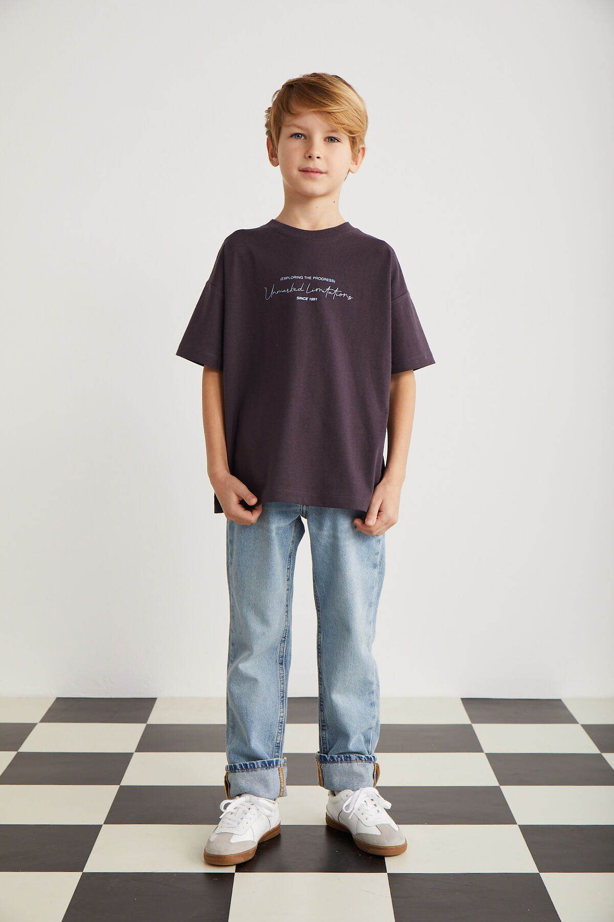 Levně GRIMELANGE Rune Boys' 100% Cotton Short Sleeve Piece Printed Crew Neck Damson T-shirt