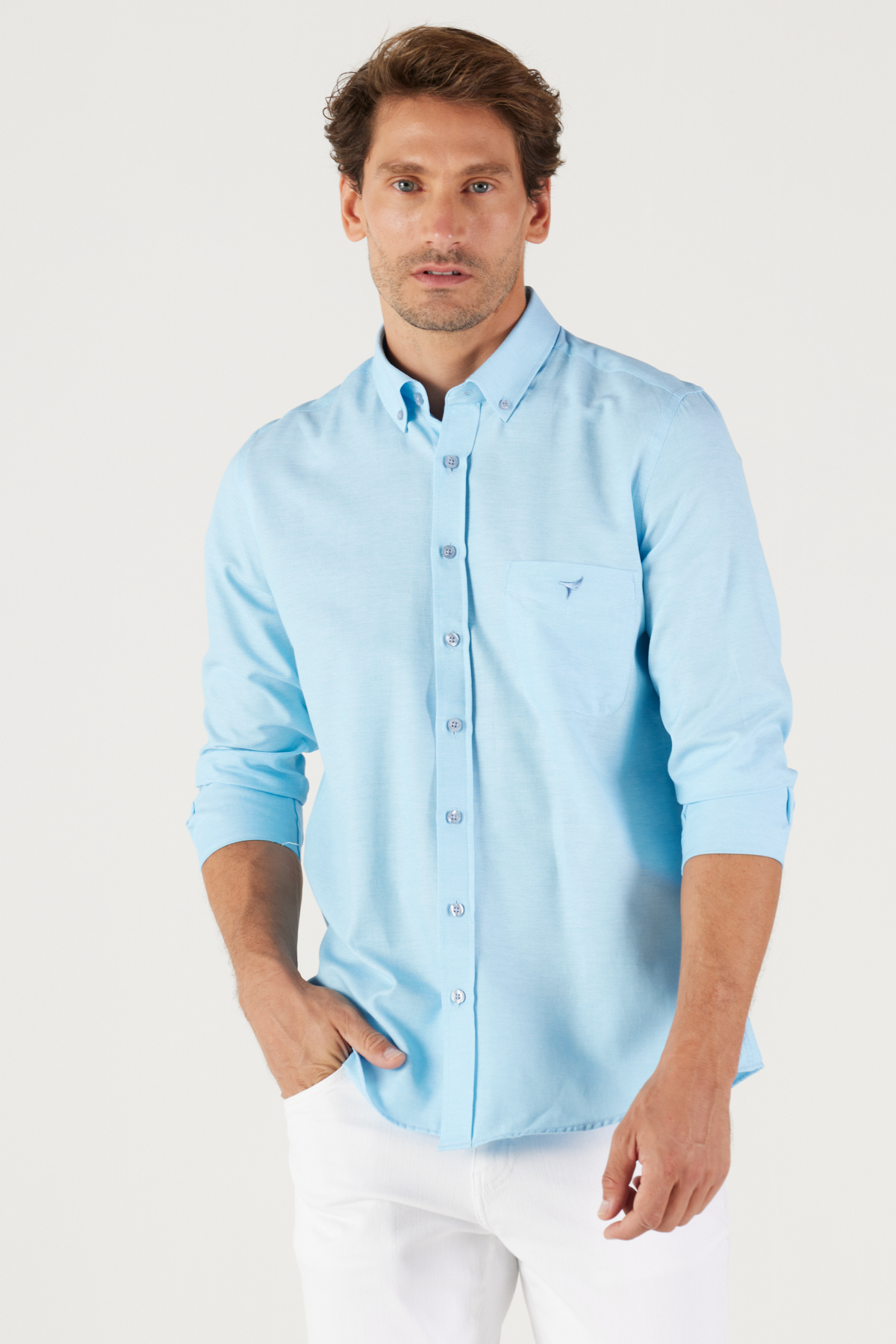 Levně AC&Co / Altınyıldız Classics Men's Light Blue Slim Fit Slim Fit Button-down Collar Cotton Oxford Shirt with Pocket.