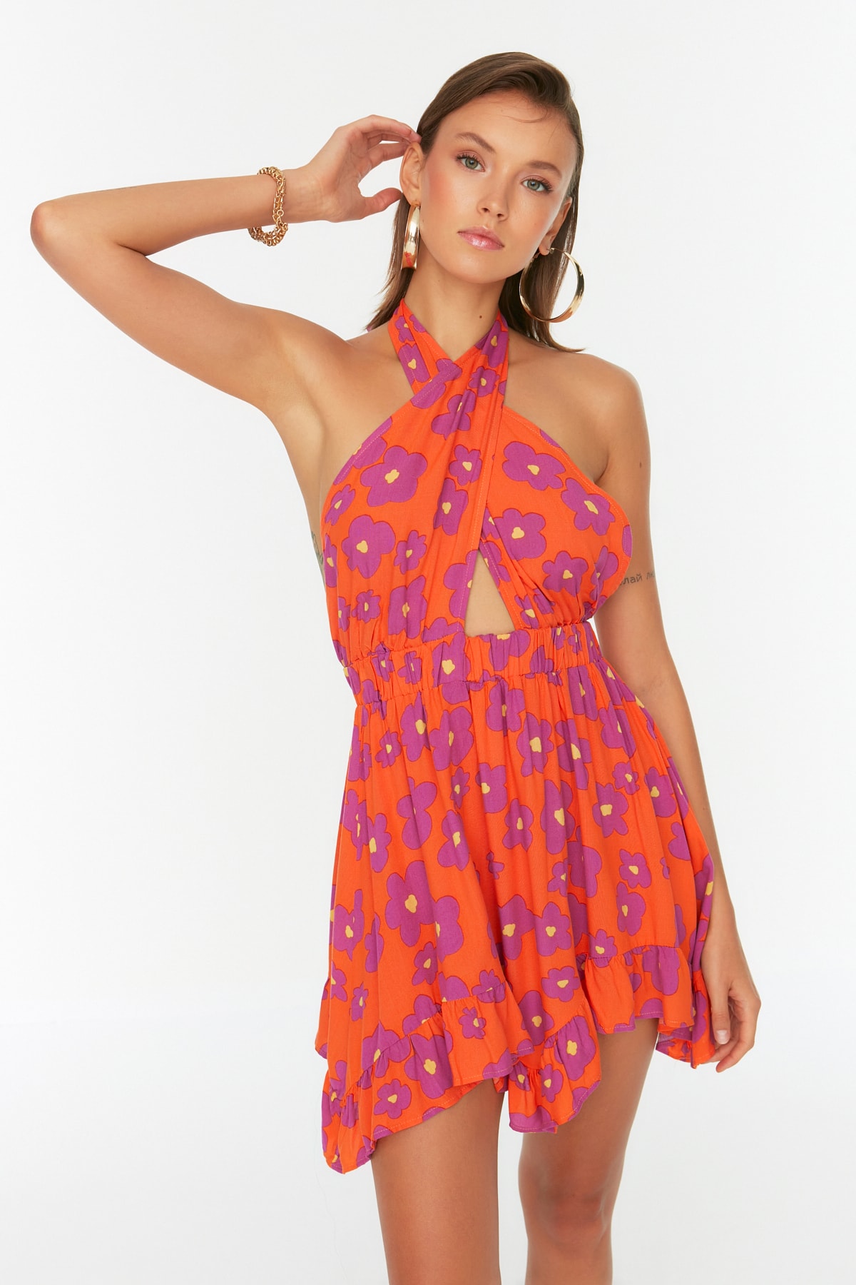 Trendyol Floral Patterned Tie Back Detailed Beach Dress