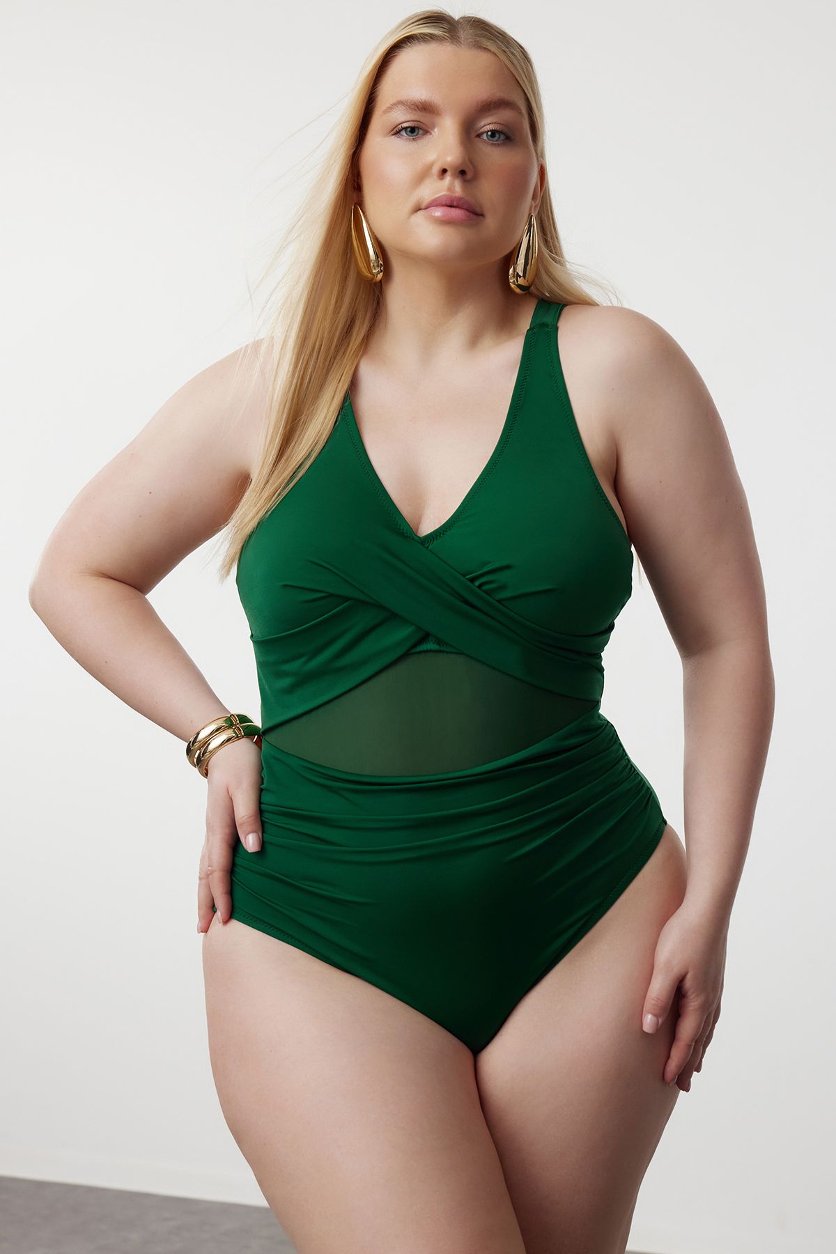 Trendyol Curve Emerald Green Mesh Detailed Swimsuit