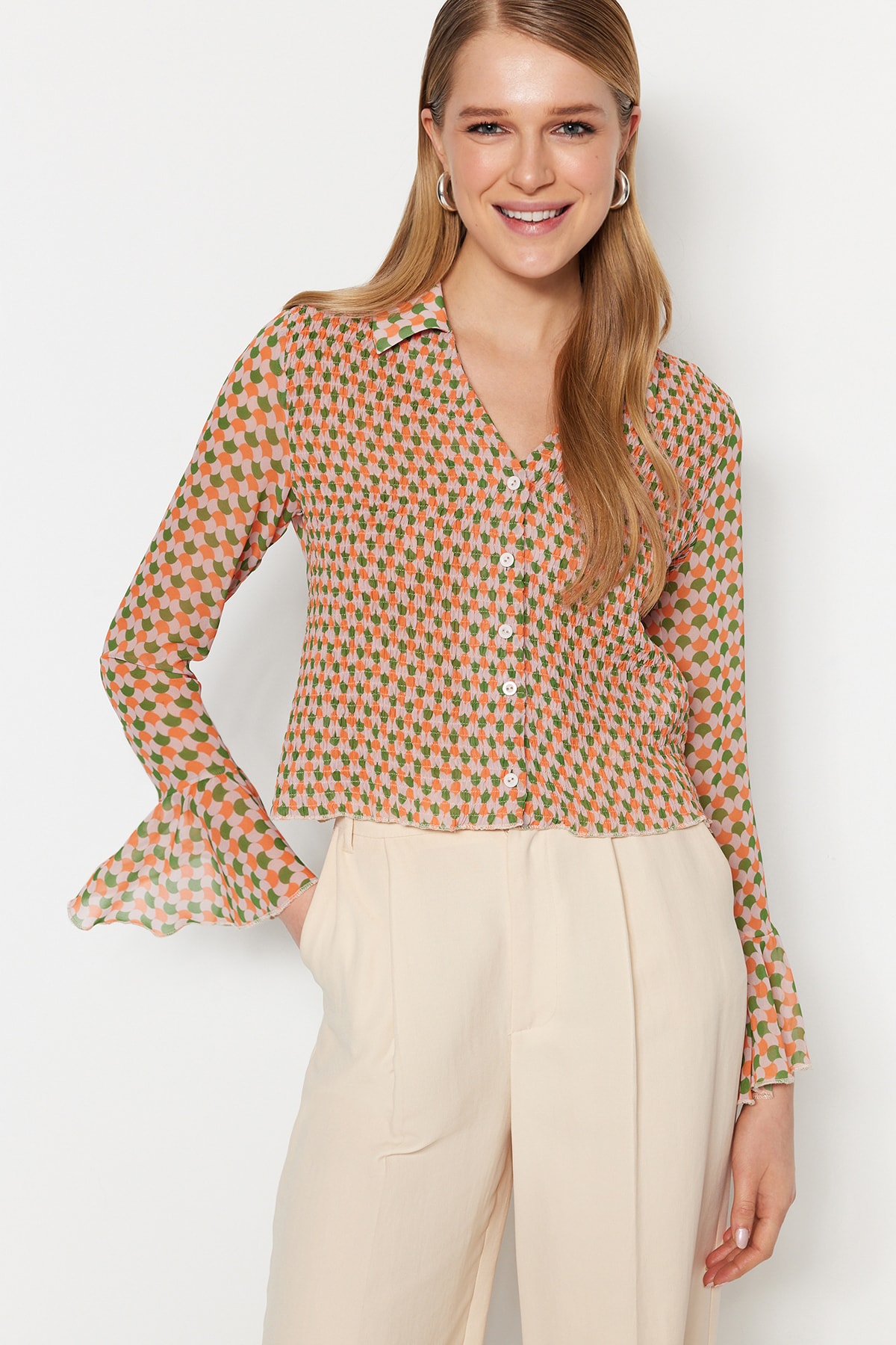 Trendyol Camel Gipeli Crop Woven Chiffon Shirt