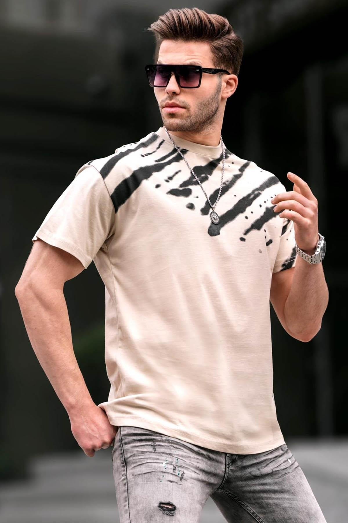 Levně Madmext Men's Beige Patterned Over Fit T-Shirt 6116