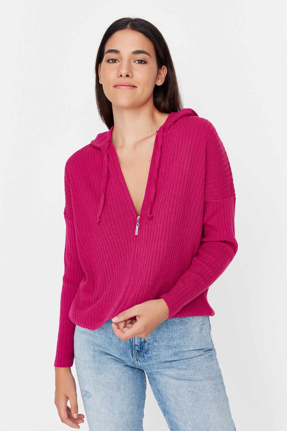 Trendyol Fuchsia Hooded Zippered Knitwear Cardigan