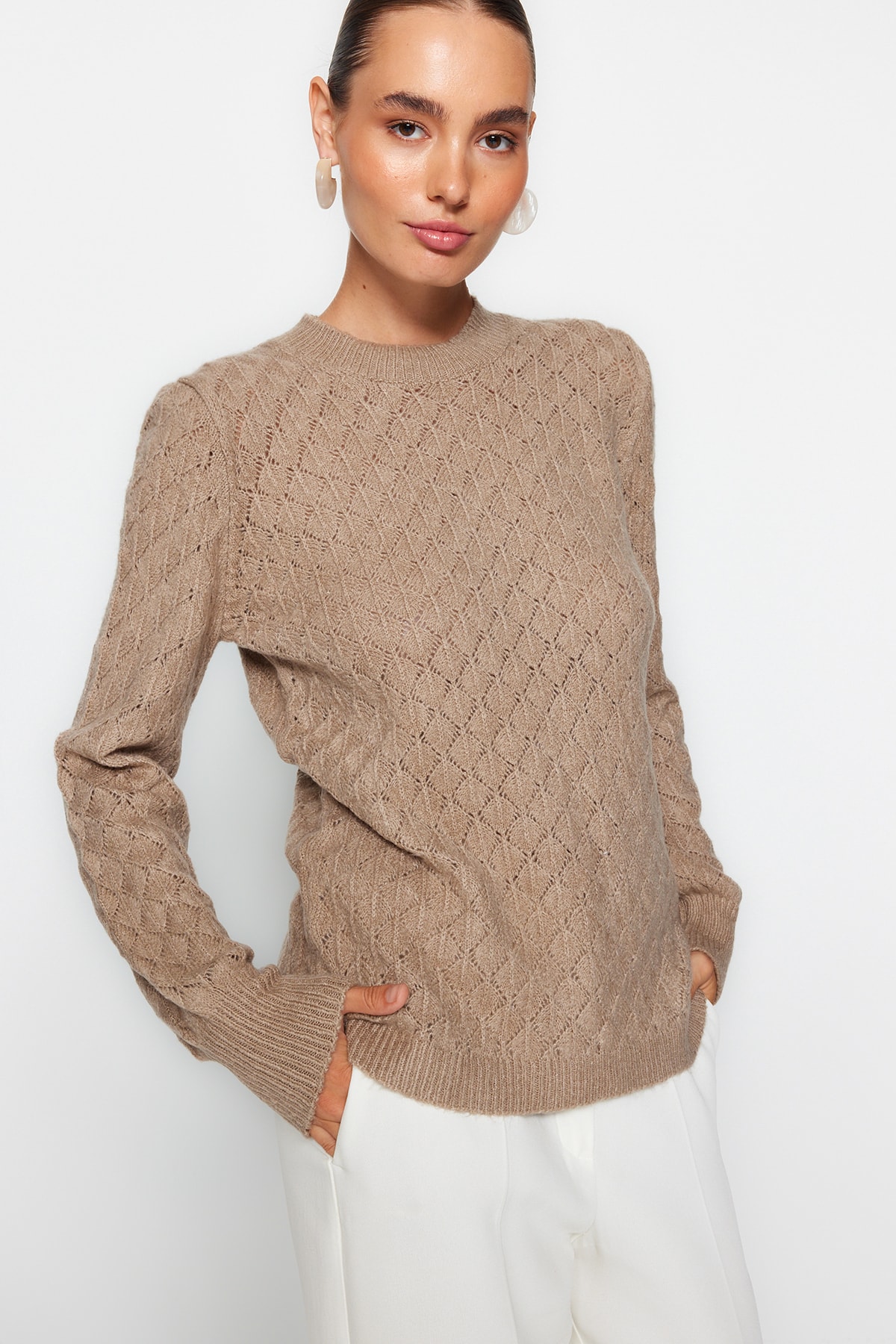 Trendyol Mink Soft-textured Knitwear with Openwork/Perforations Sweater