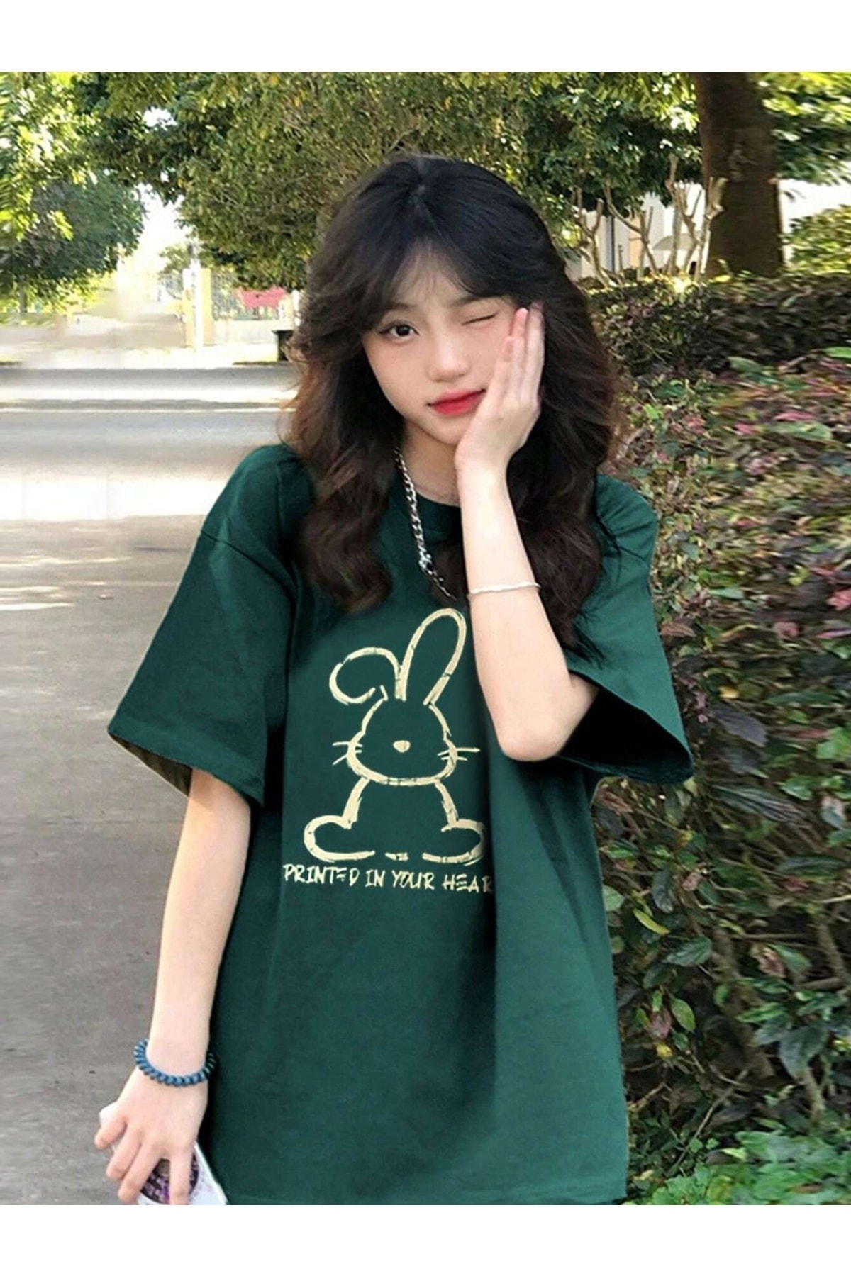 Levně Know Women's Nefti Green Printed Rabbit Print Oversized T-shirt