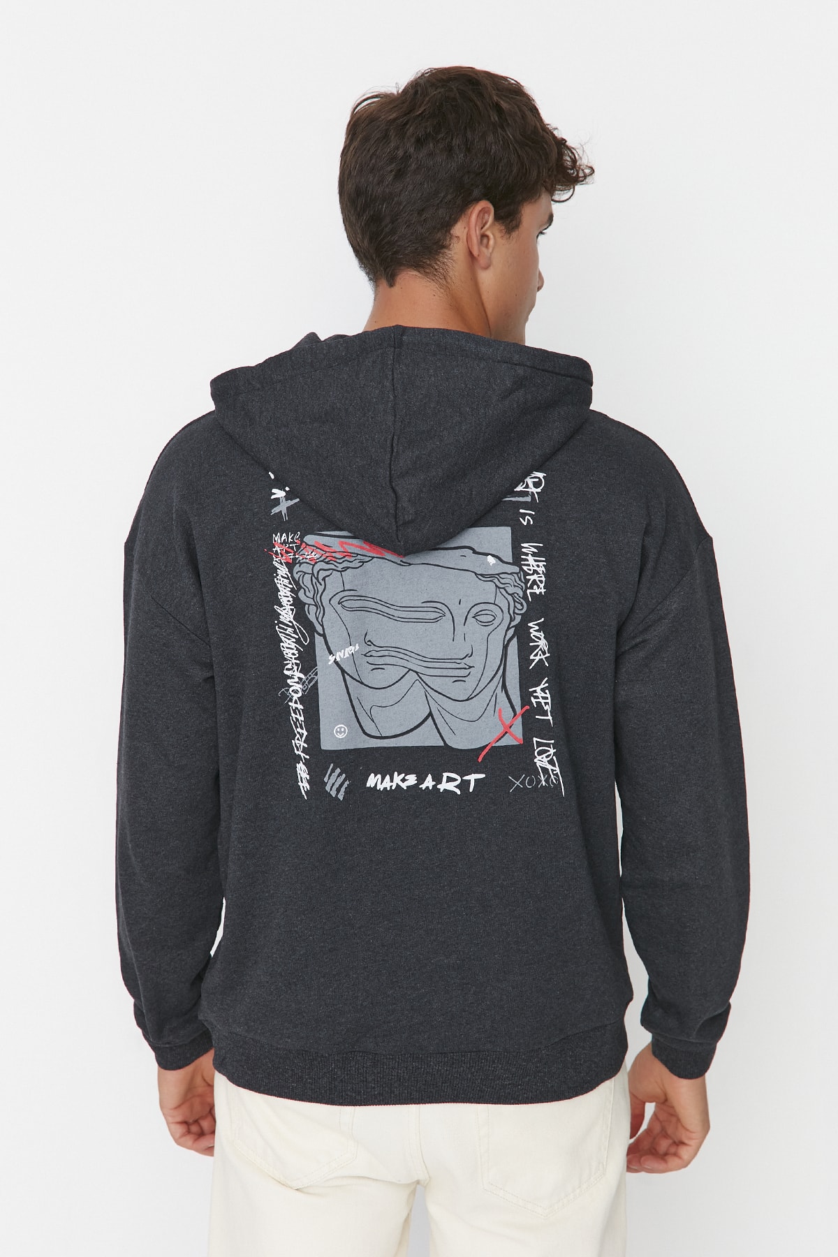 Trendyol Anthracite Melange Oversize Fit, Hoodie, Printed Sweatshirt with a Soft Pile Inside Cotton