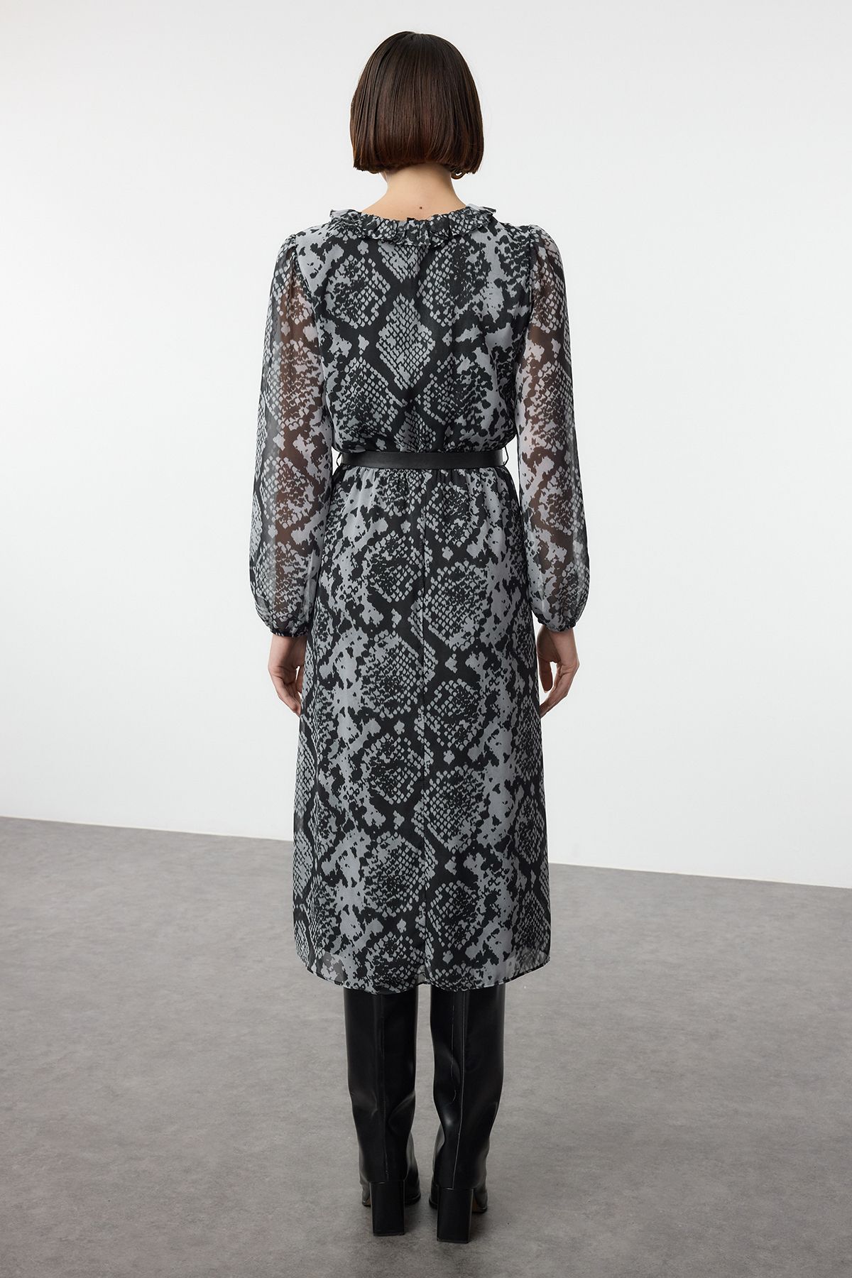 Trendyol Black Animal Belted Midi Woven Dress