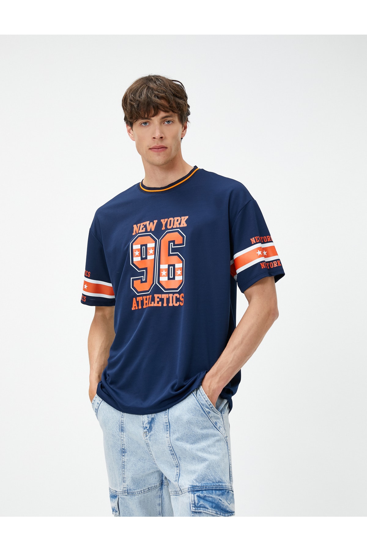 Koton College T-shirt with Printed Crew Neck Sleeve Detail.