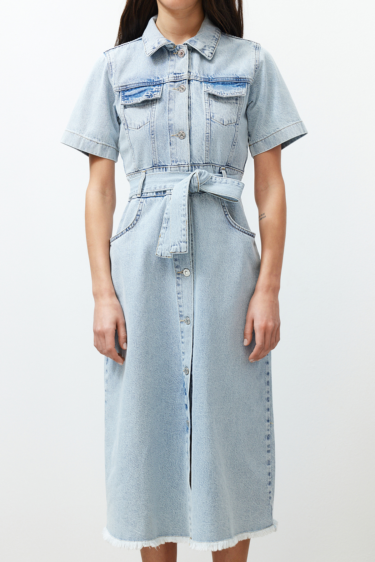 Trendyol Blue Belt Maxi Denim Dress