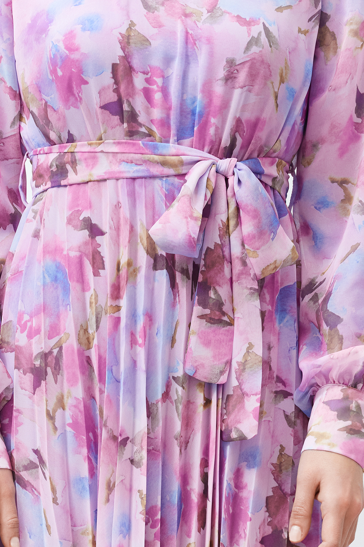 Trendyol Pink Floral Sash Detailed Lined Pleated Chiffon Woven Dress